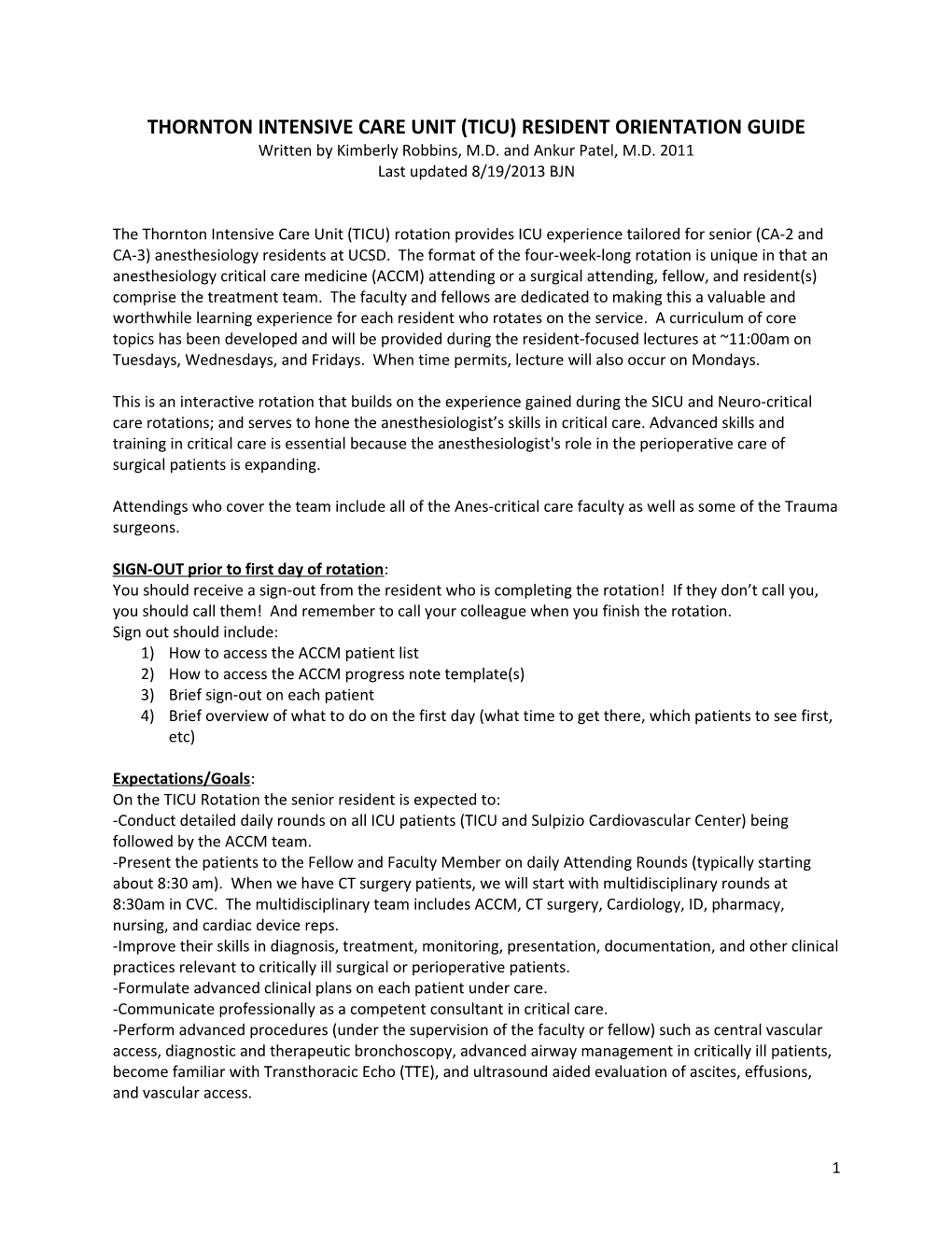 Thornton Intensive Care Unit (Ticu) Resident Orientation Guide