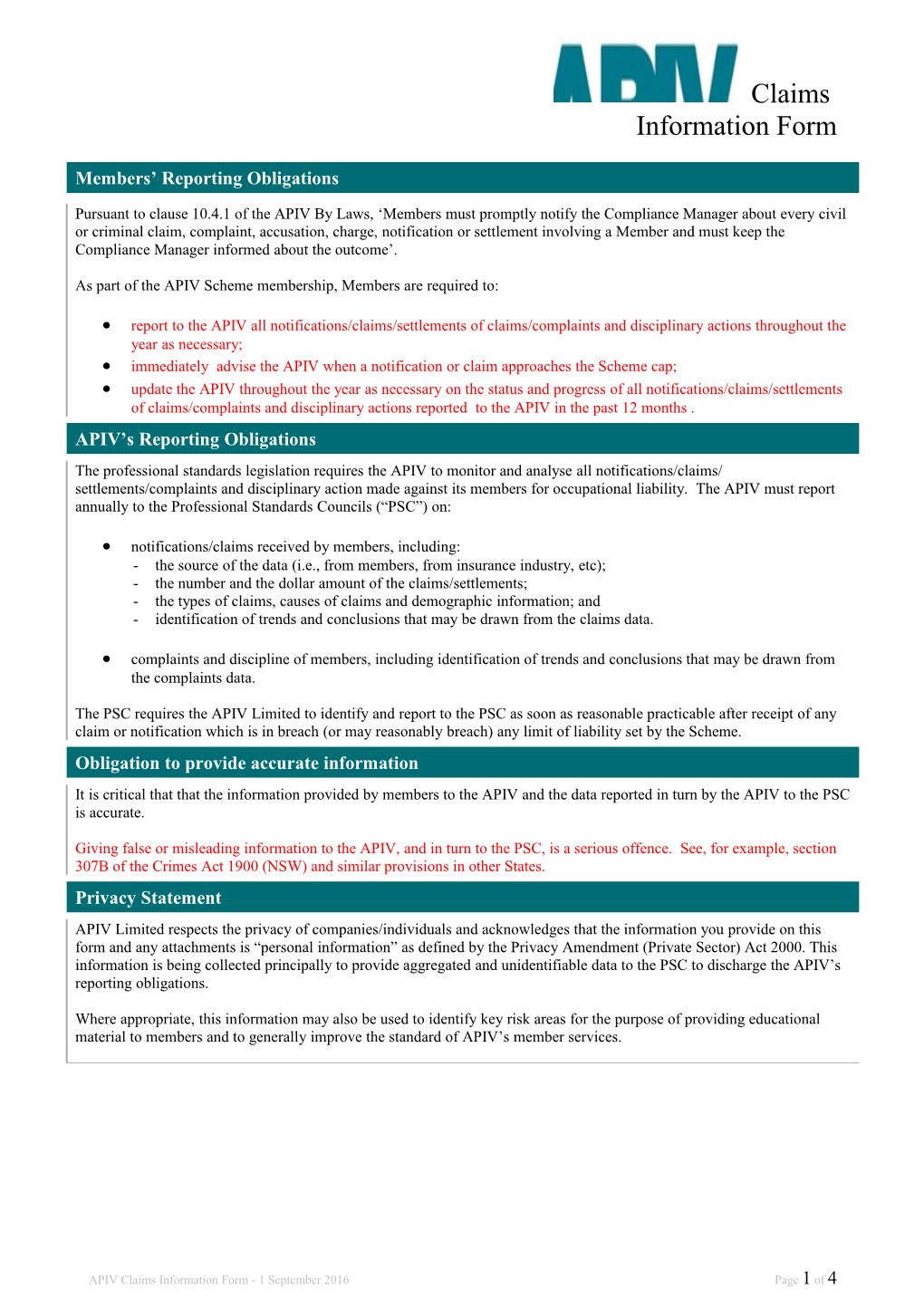 APIV Claims Information Form - 1 September 2016 Page 2 of 4