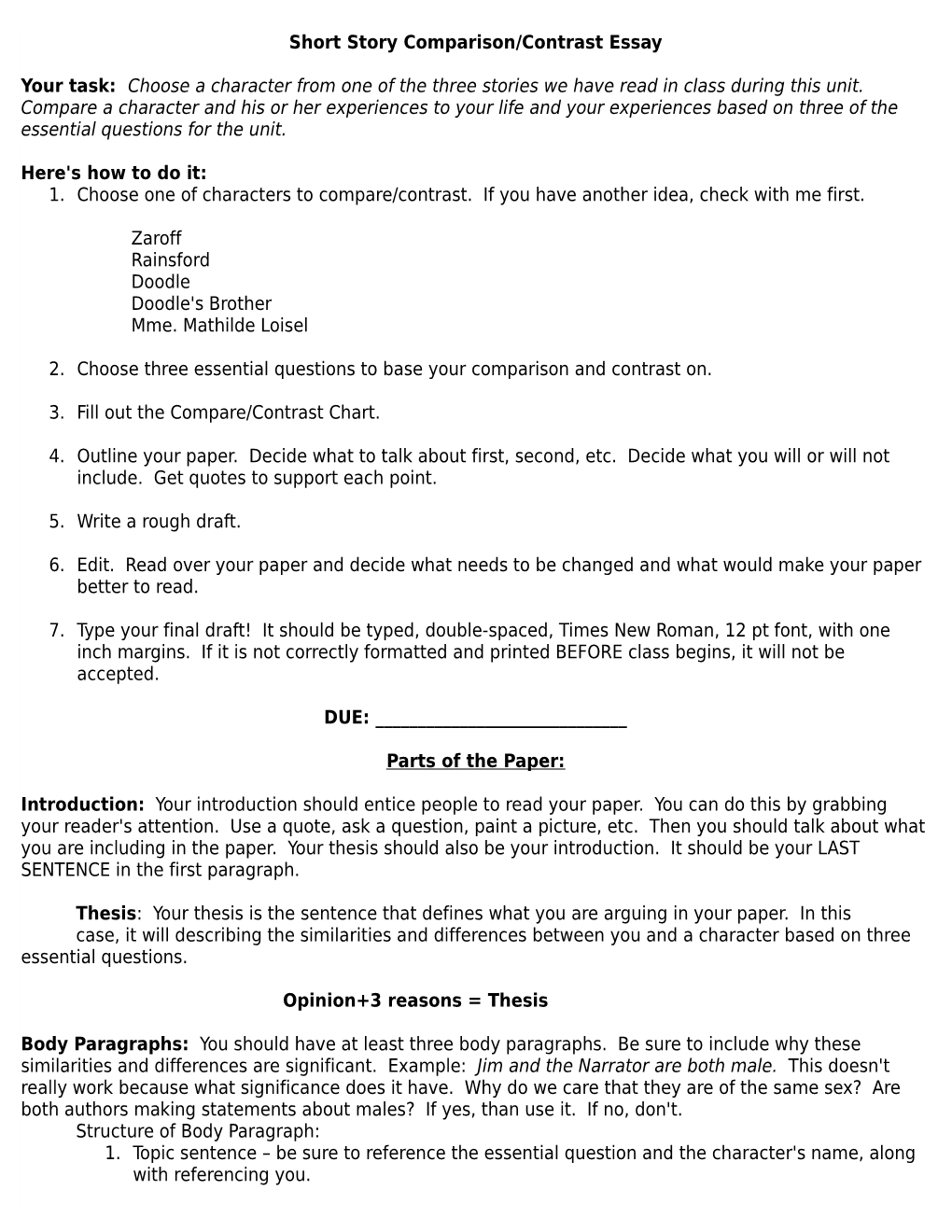 Short Story Comparison/Contrast Essay