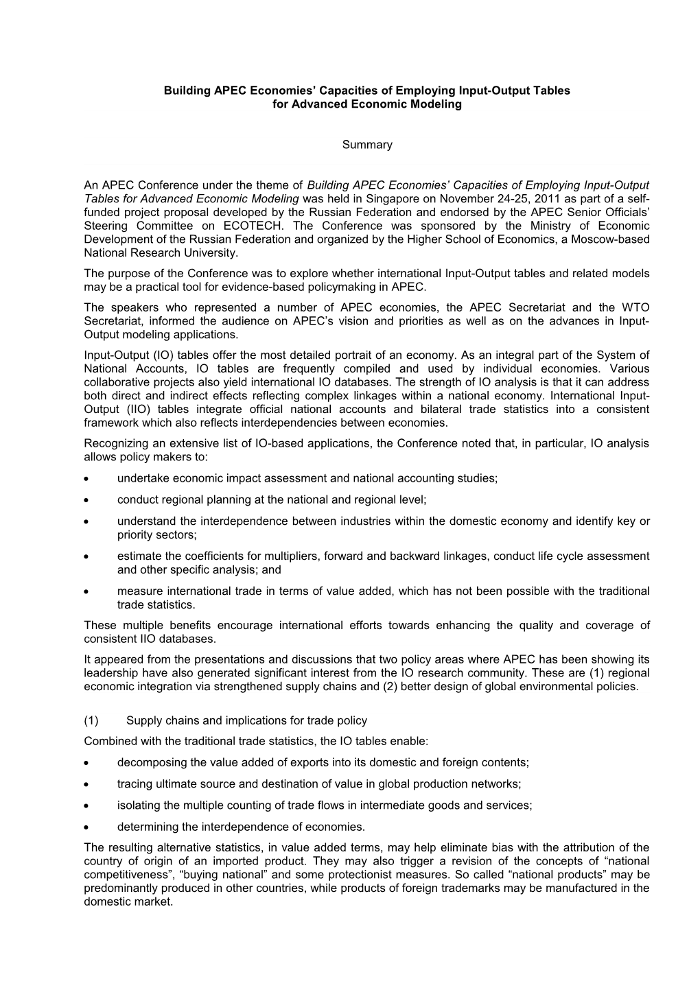 Building APEC Economies Capacities of Employing Input-Output Tables