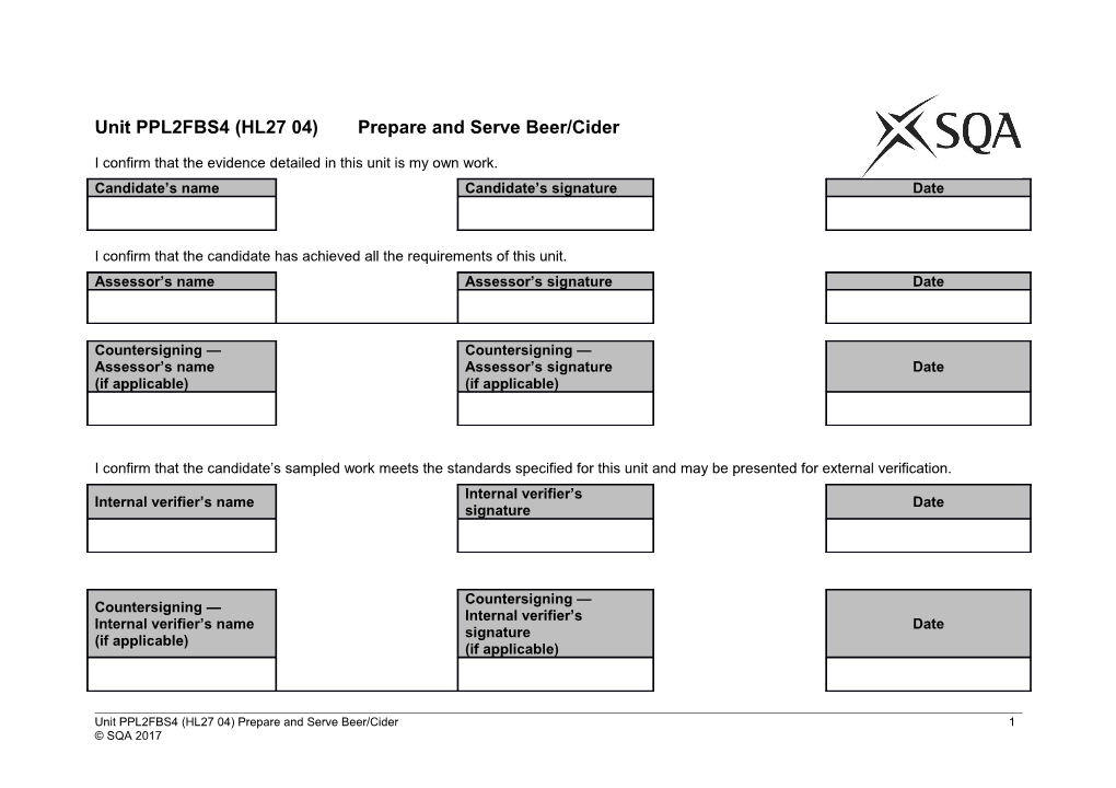 Unit PPL2FBS4 (HL27 04) Prepare and Serve Beer/Cider s1