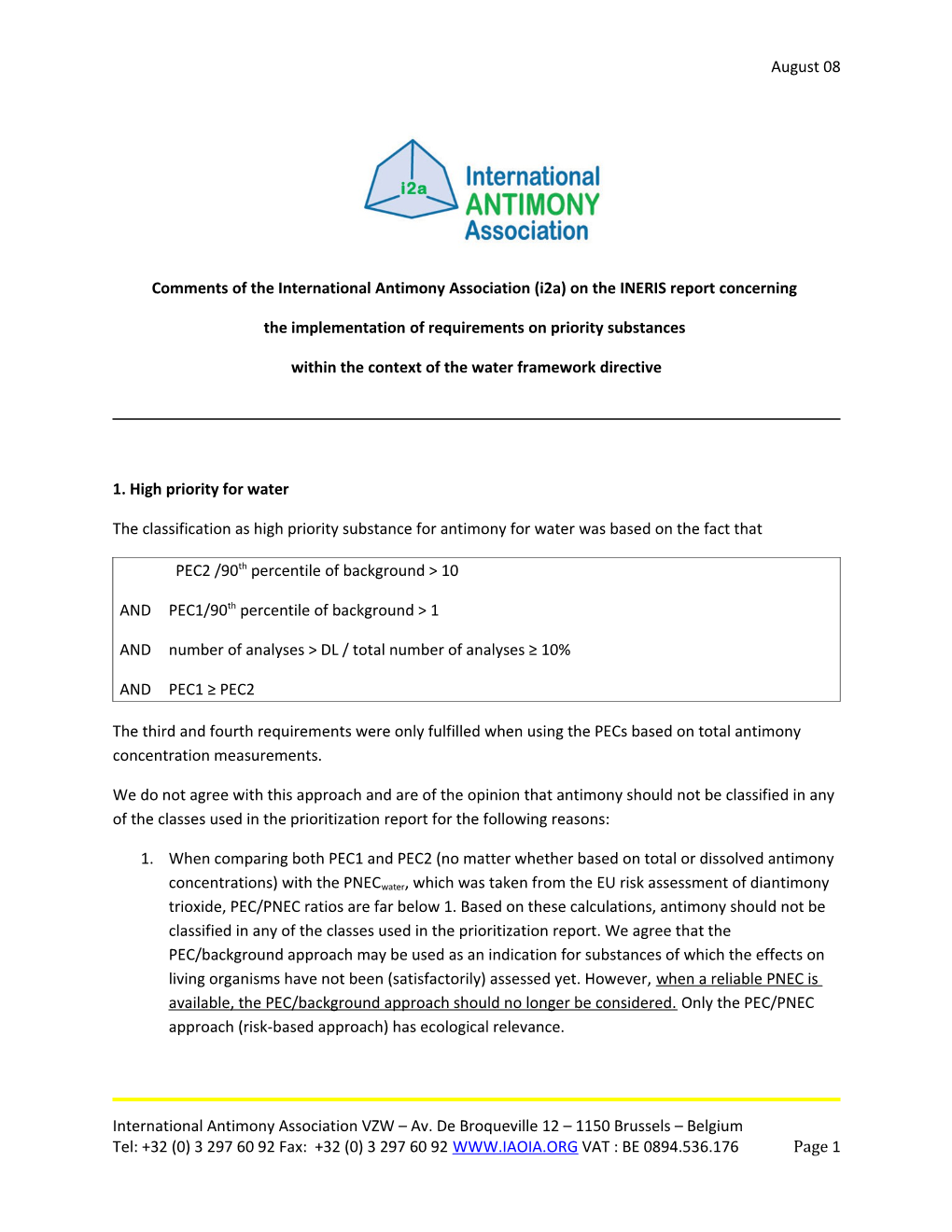 Comments of the International Antimony Association (I2a) on the INERIS Report Concerning