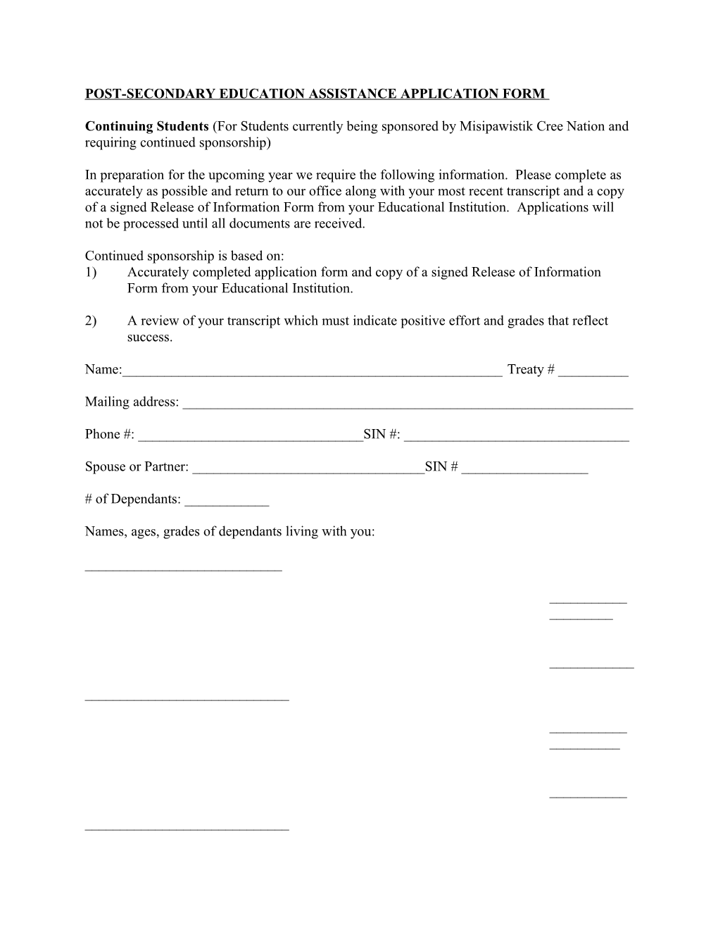 Post-Secondary Education Assistance Application Form