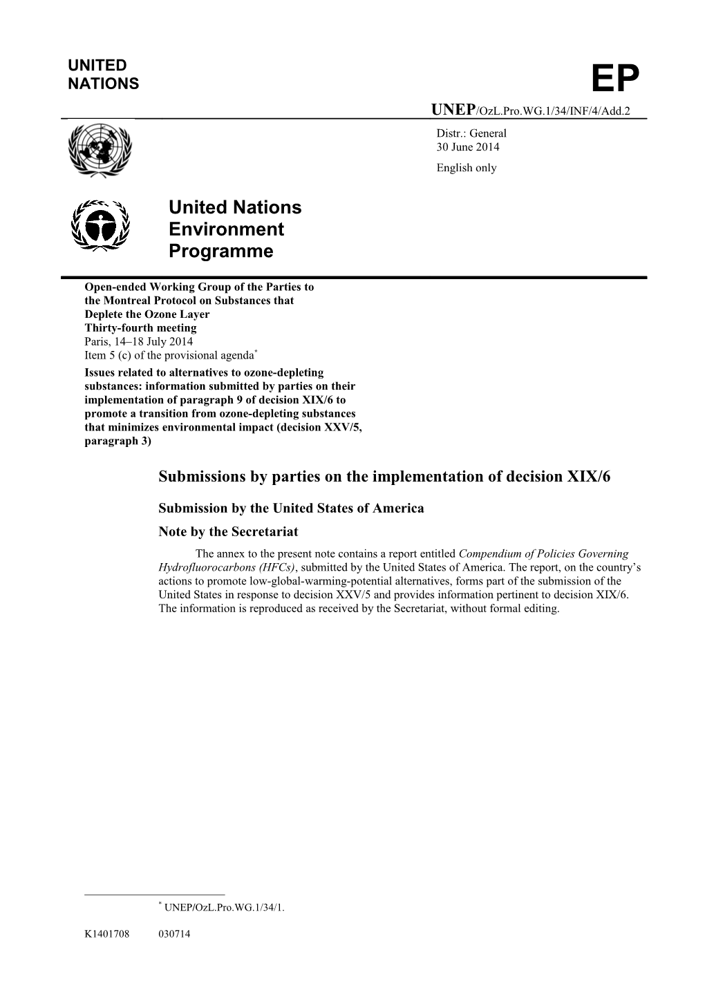 Submissions By Parties On The Implementation Of Decision XIX/6 - Submission By The United States Of America