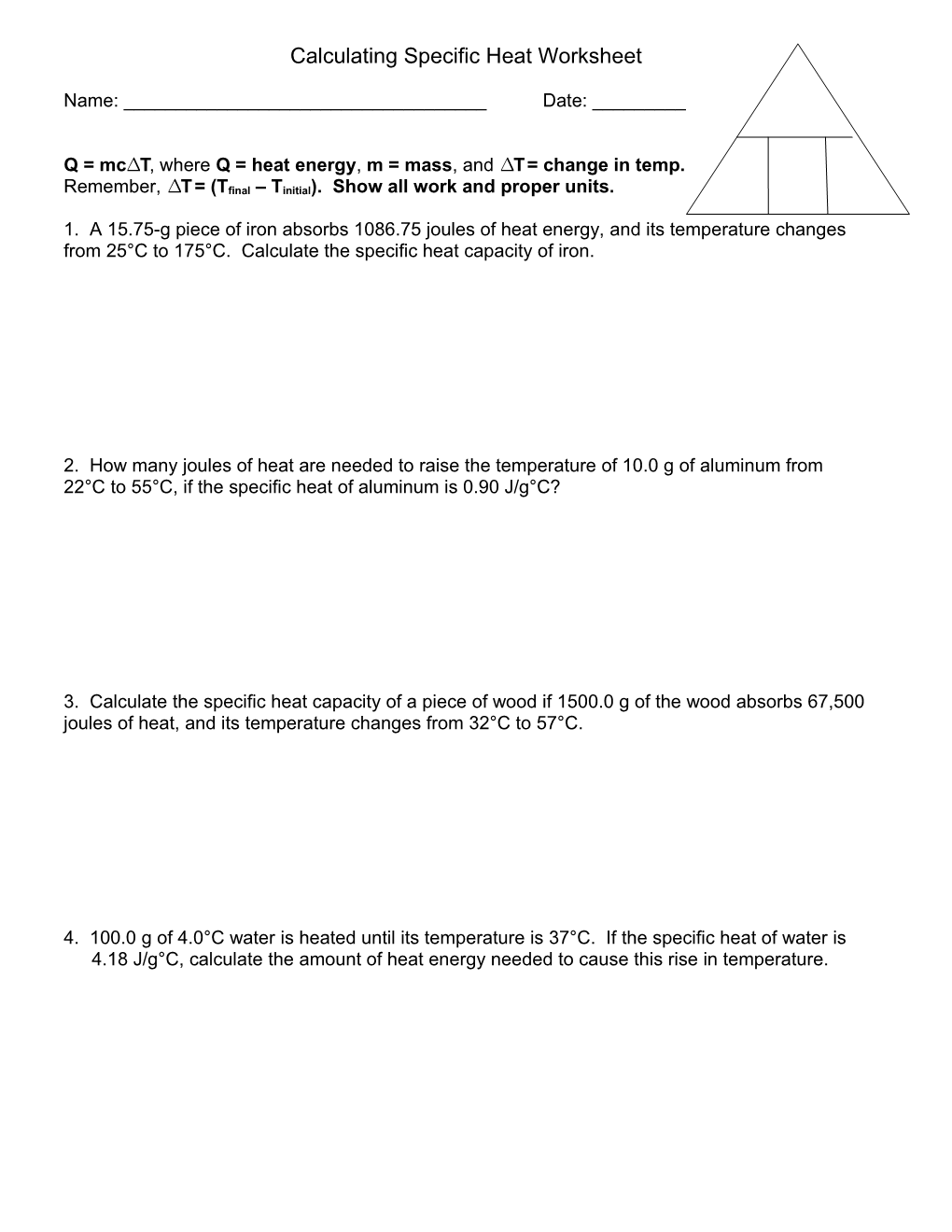 Calculating Specific Heat Worksheet