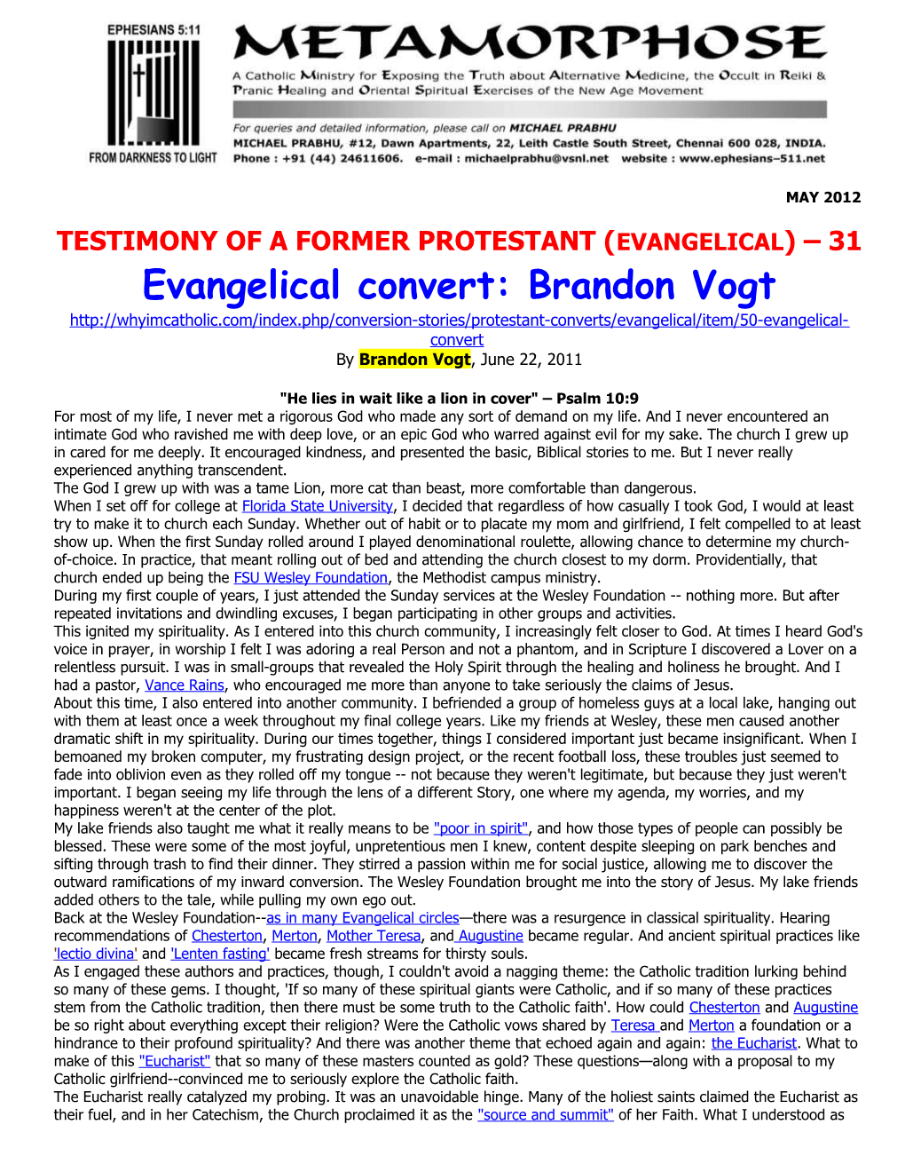 Testimony of a Former Protestant (Evangelical) 31