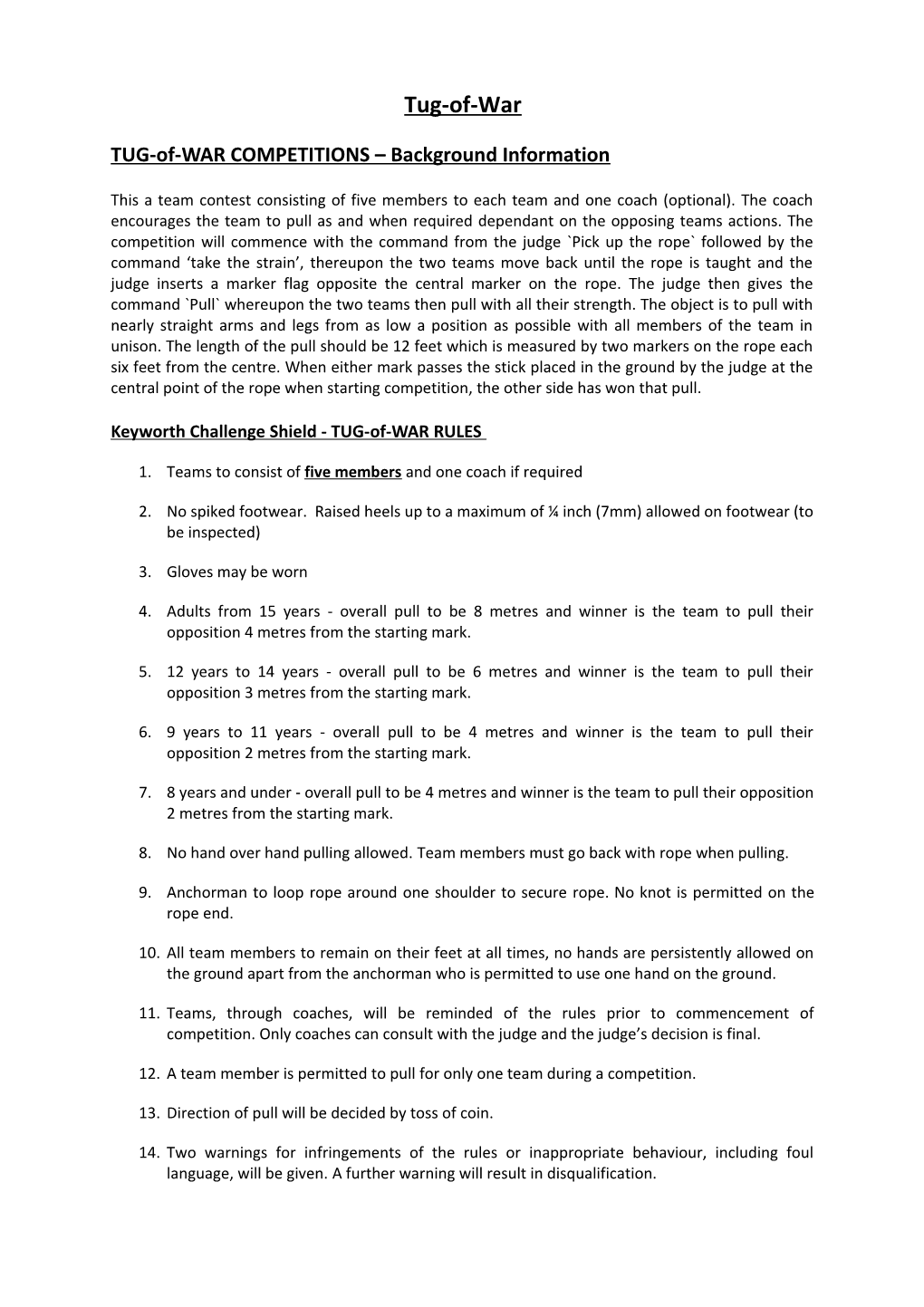 TUG-Of-WAR COMPETITIONS Background Information