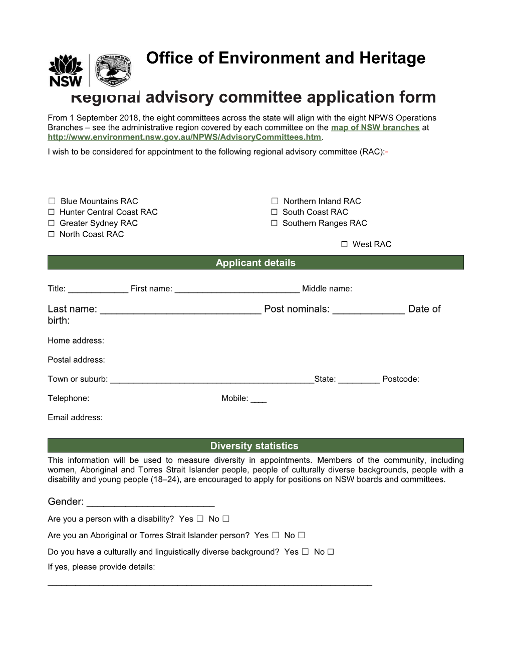 Regional Advisory Committee Application Form