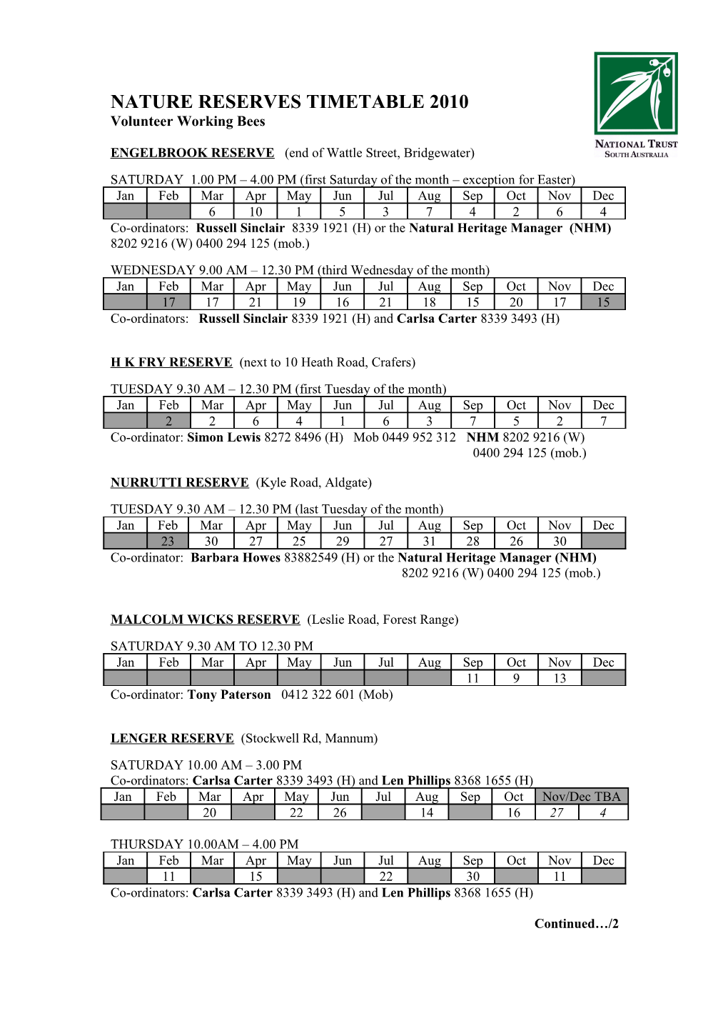 Nature Reserves Timetable 2010