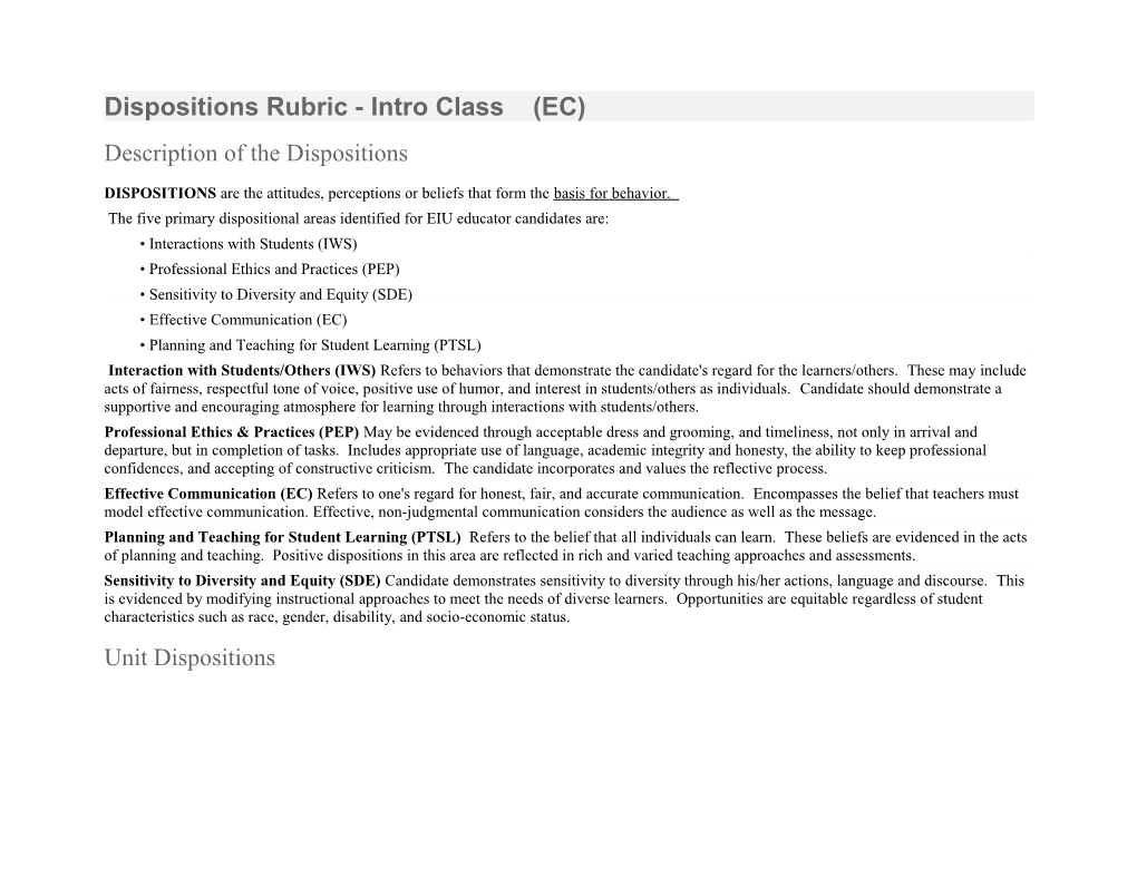 Dispositions Rubric - Intro Class (EC)