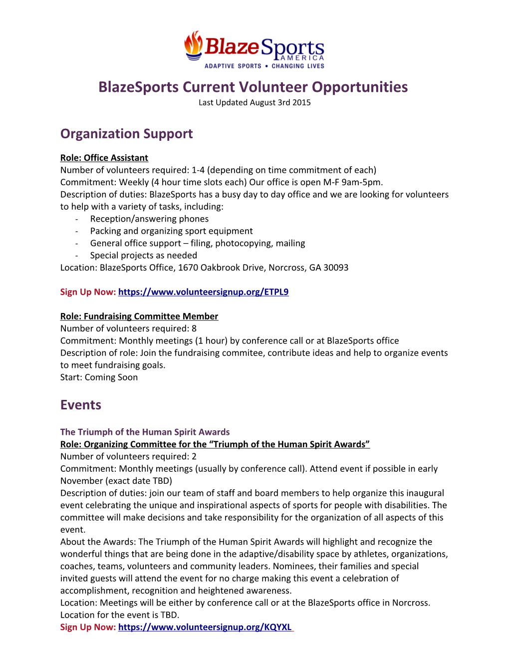 Blazesports Current Volunteer Opportunities