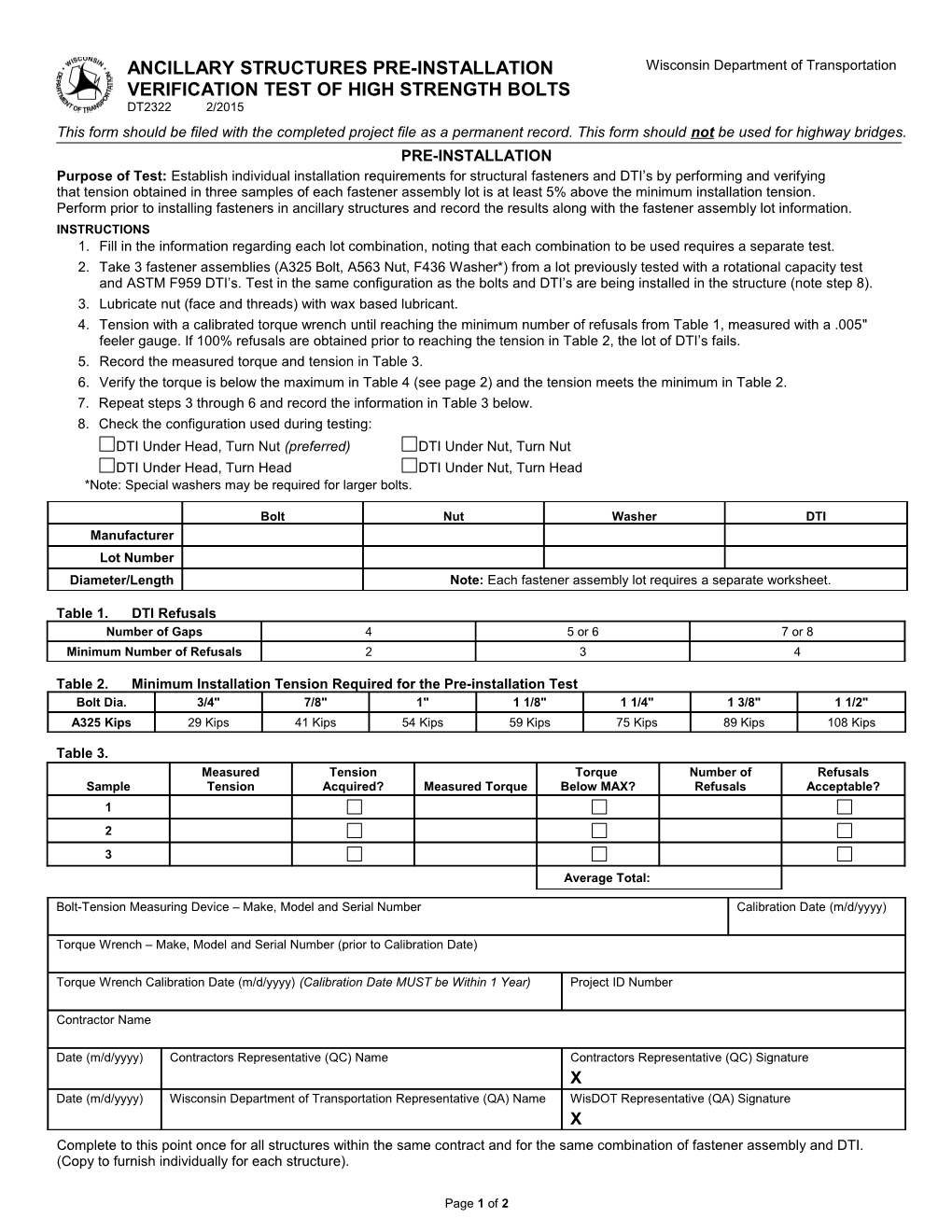 DT2322 Ancillary Structures Pre-Installation Verification Test of High Strength Bolts