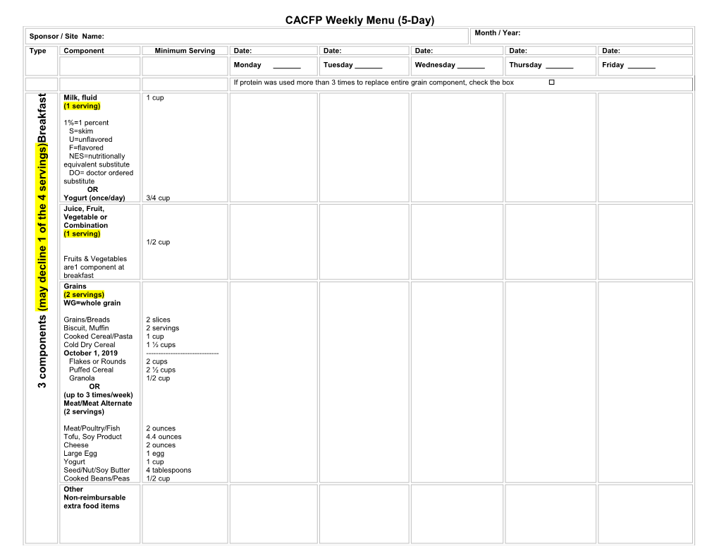 Ohio CACFP Weekly Menu for Children