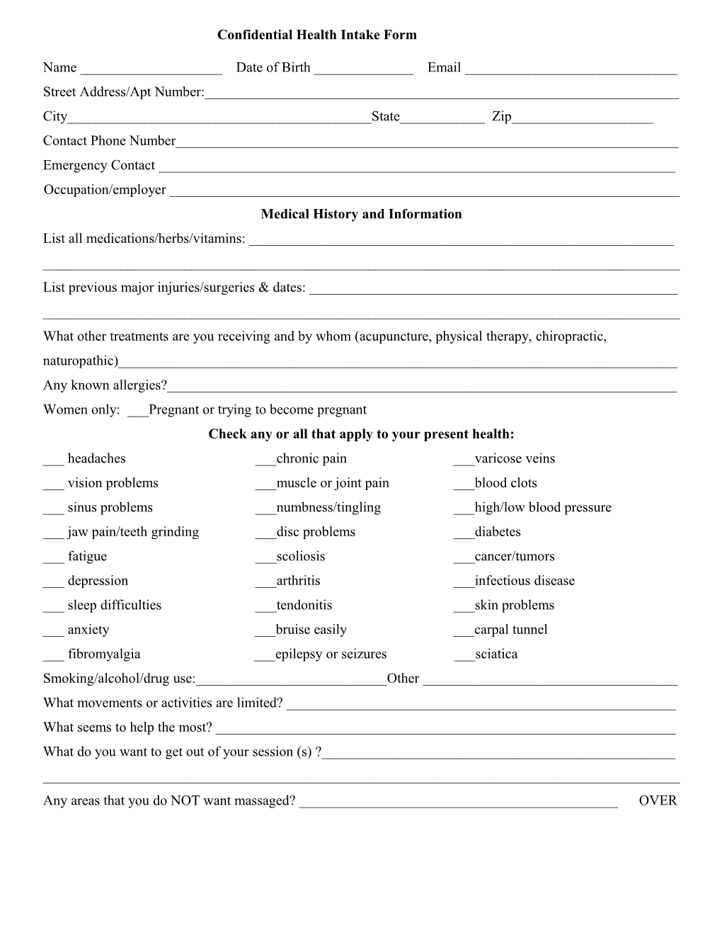 Forms: Confidential Health Intake Form