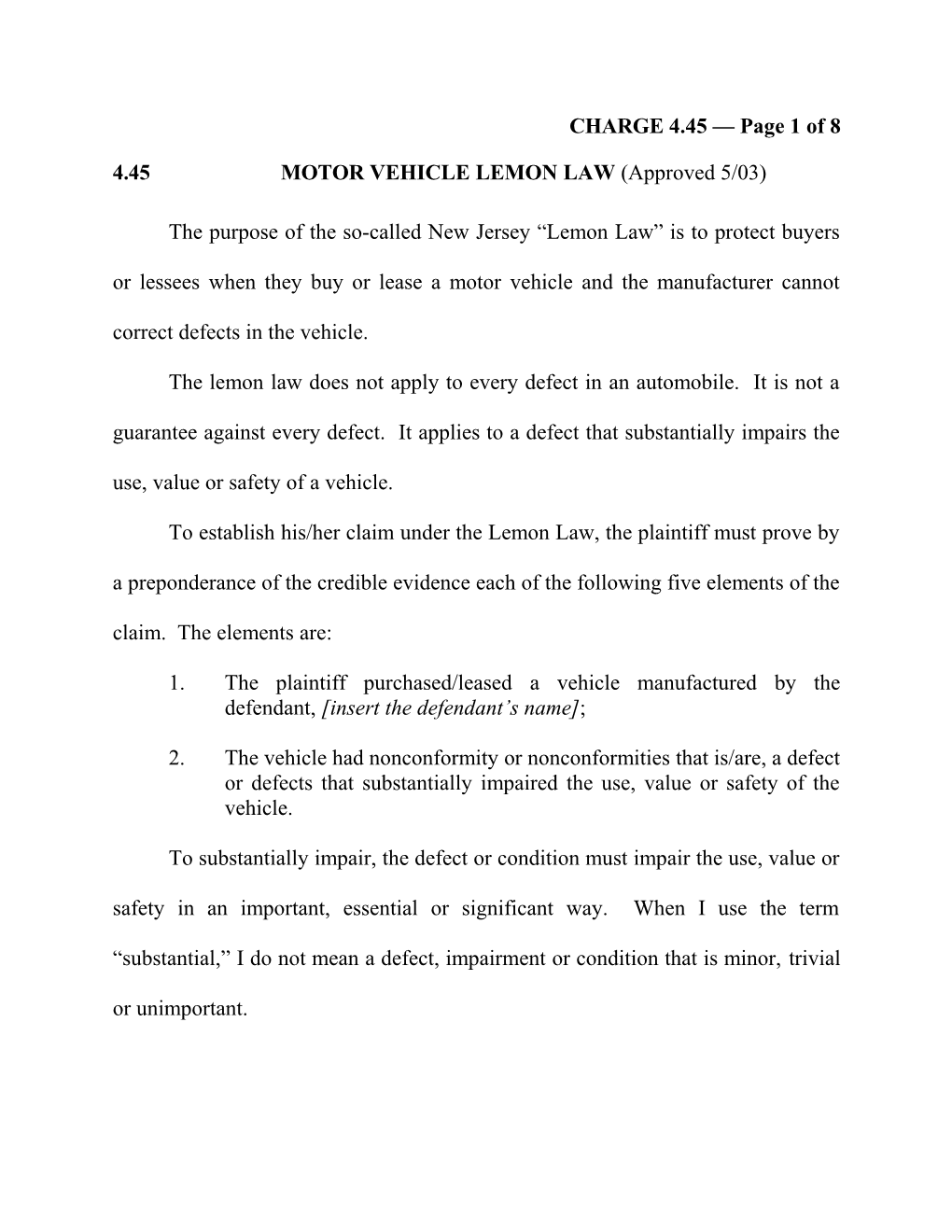 4.45 MOTOR VEHICLE LEMON LAW (Approved 5/03)