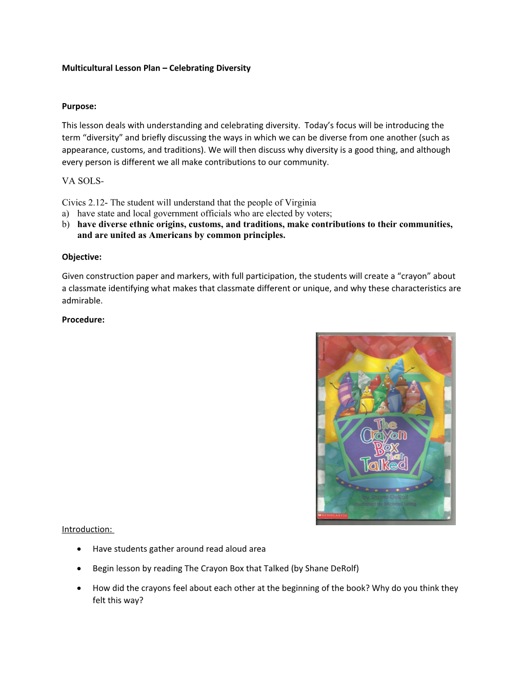 Multicultural Lesson Plan Celebrating Diversity