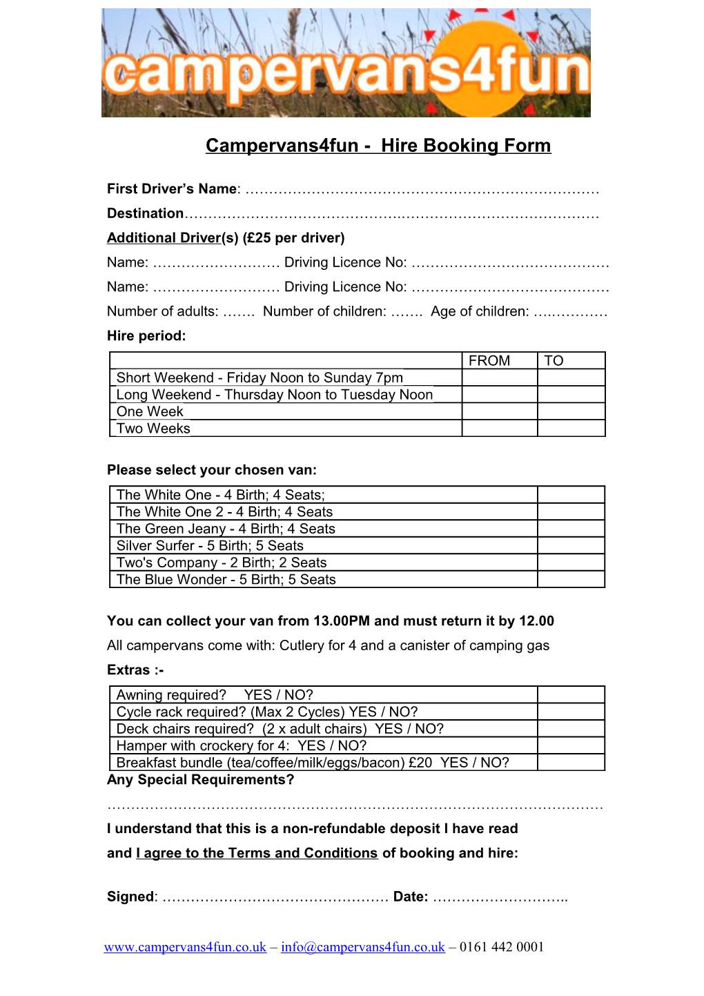 Celtic Camper Company Campervan Booking Form