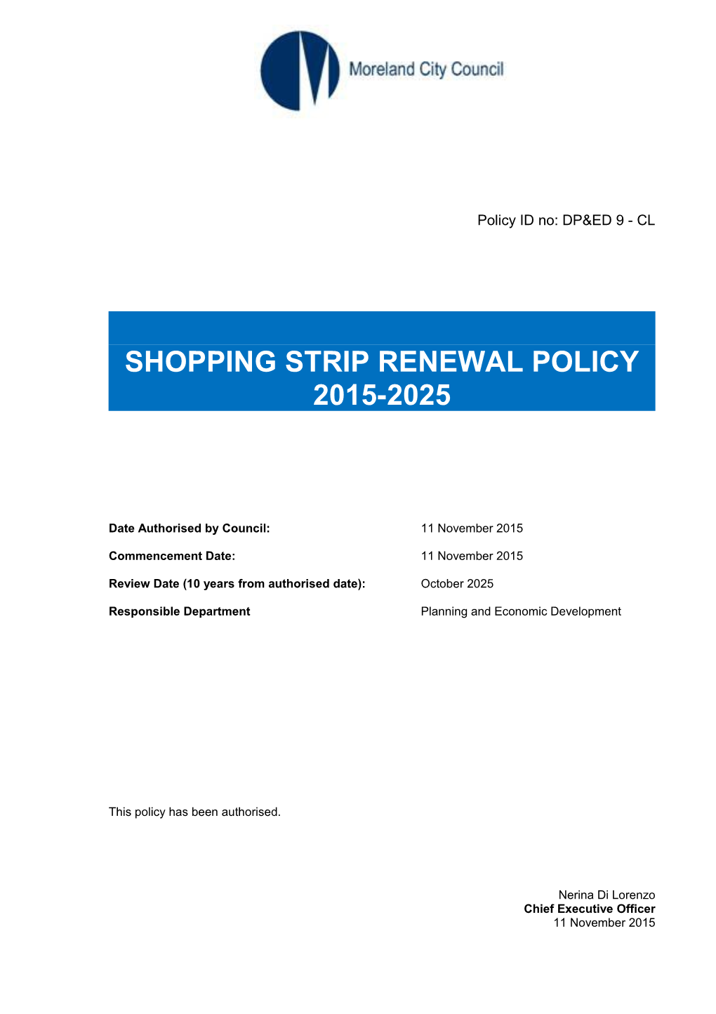 Shopping Strip Renewal Policy 2015-2025
