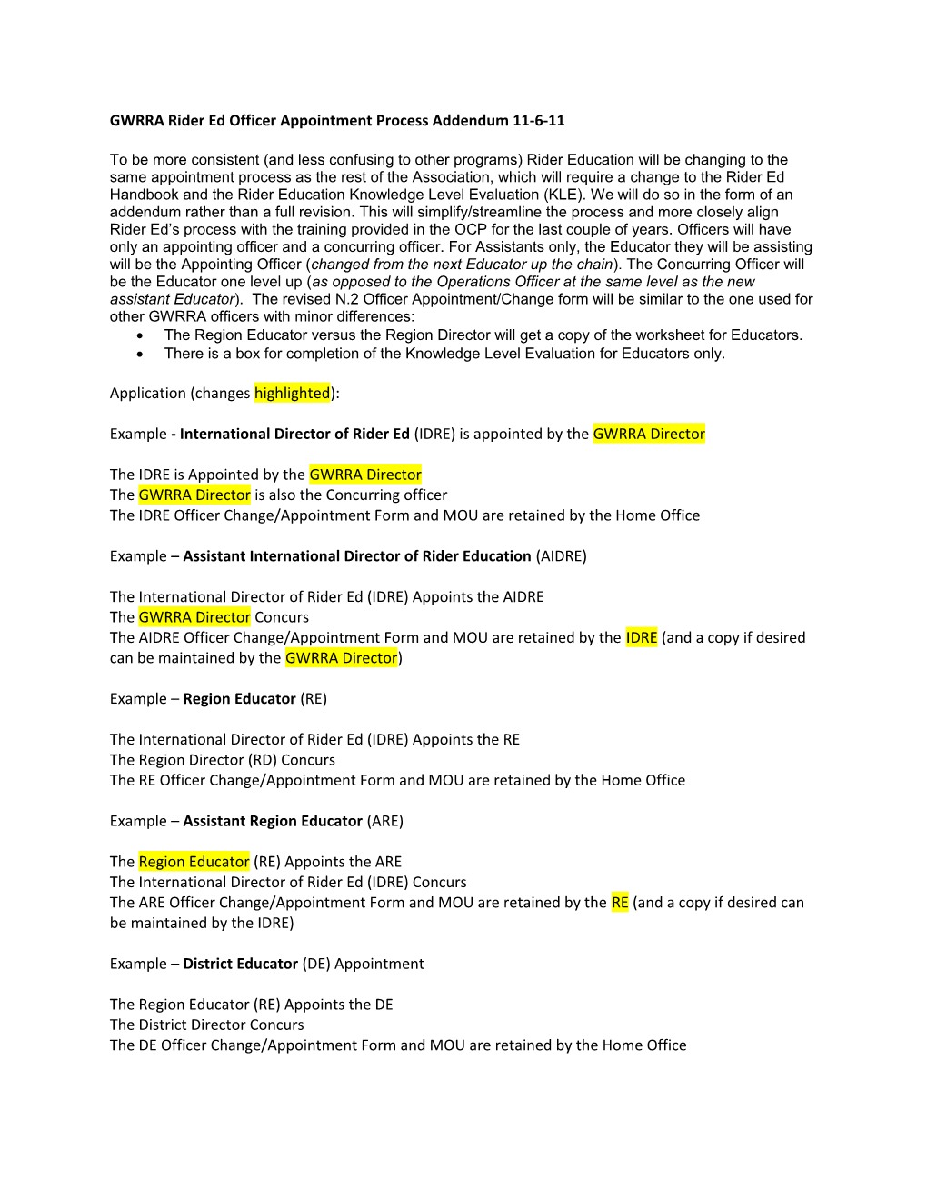 GWRRA Rider Ed Officer Appointment Process Addendum 11-6-11