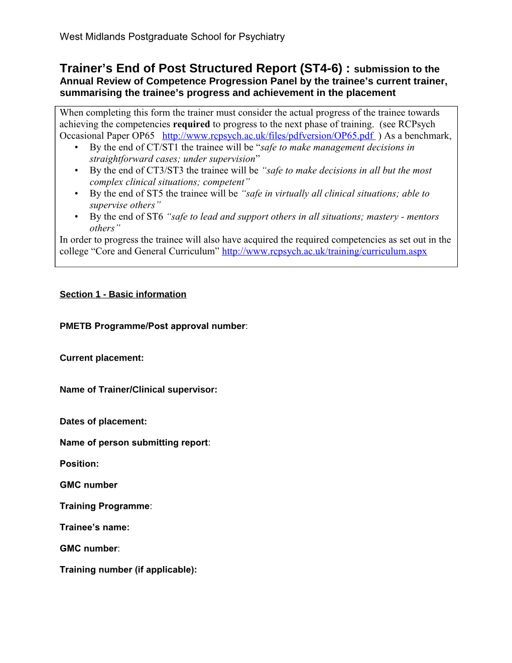 Trainer S Structured Report (CT 1-3) : Submission to the Annual Review of Competence Progression