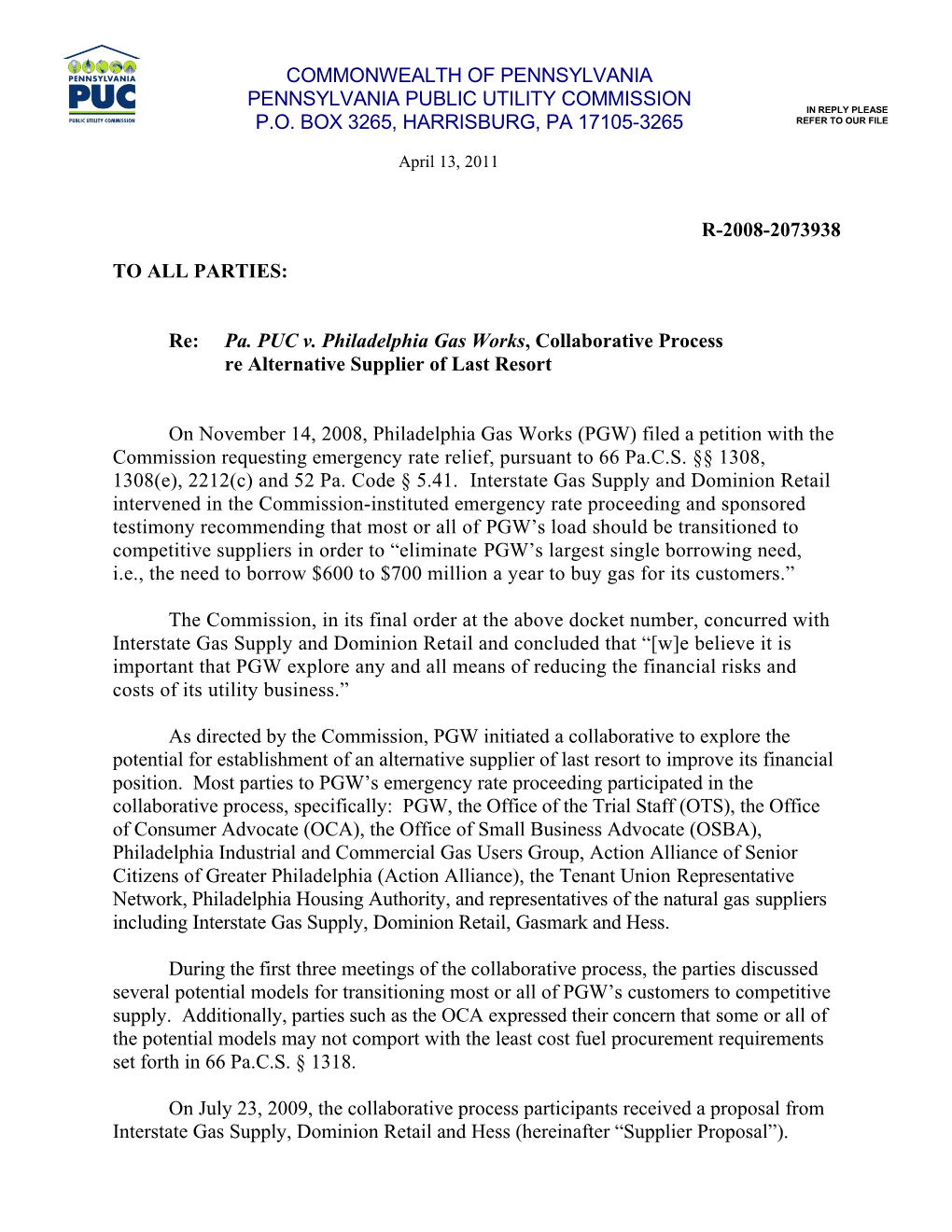 Re: Pa. PUC V. Philadelphia Gas Works, Collaborative Process