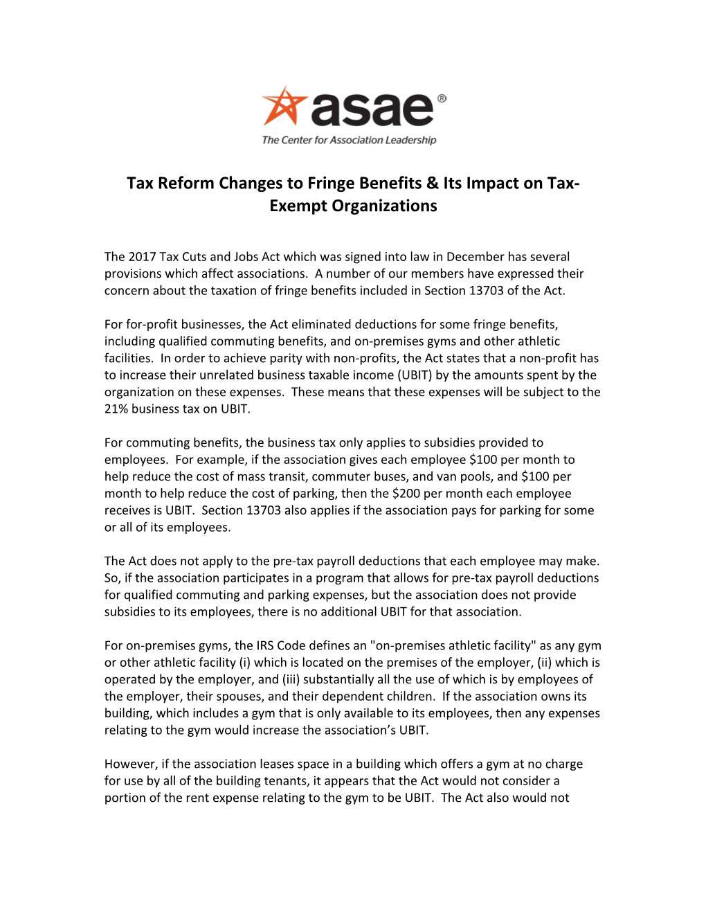 Tax Reform Changes to Fringe Benefits & Its Impact on Tax-Exempt Organizations