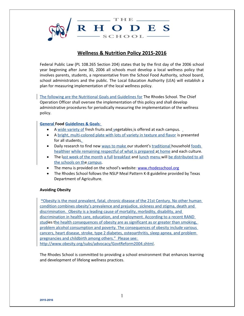 Wellness & Nutrition Policy 2015-2016