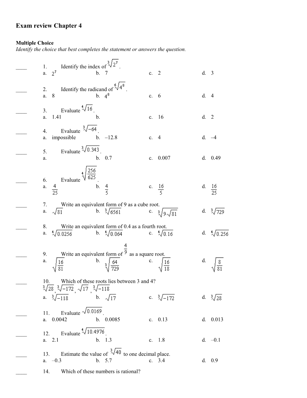 Exam Review Chapter 4