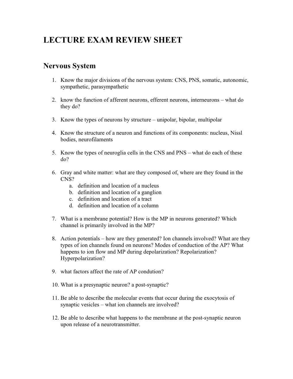 Lecture Exam Review Sheet