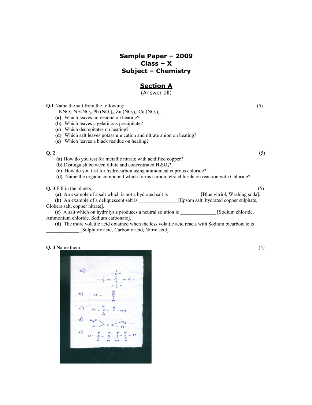 Sample Paper 2009 Class X Subject Chemistry