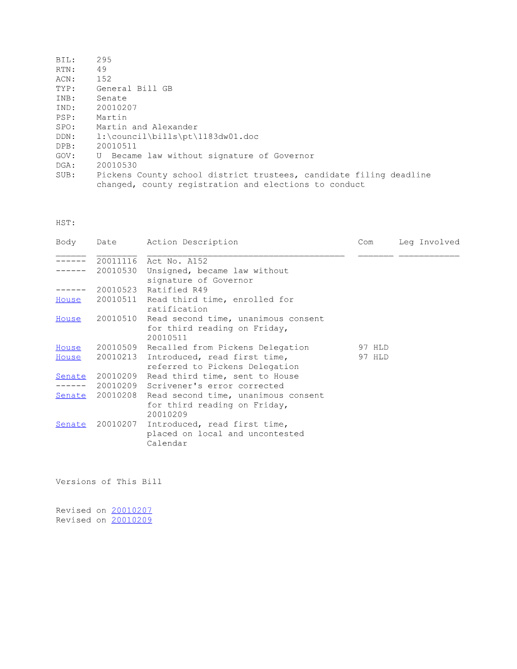 2001-2002 Bill 295: Pickens County School District Trustees, Candidate Filing Deadline