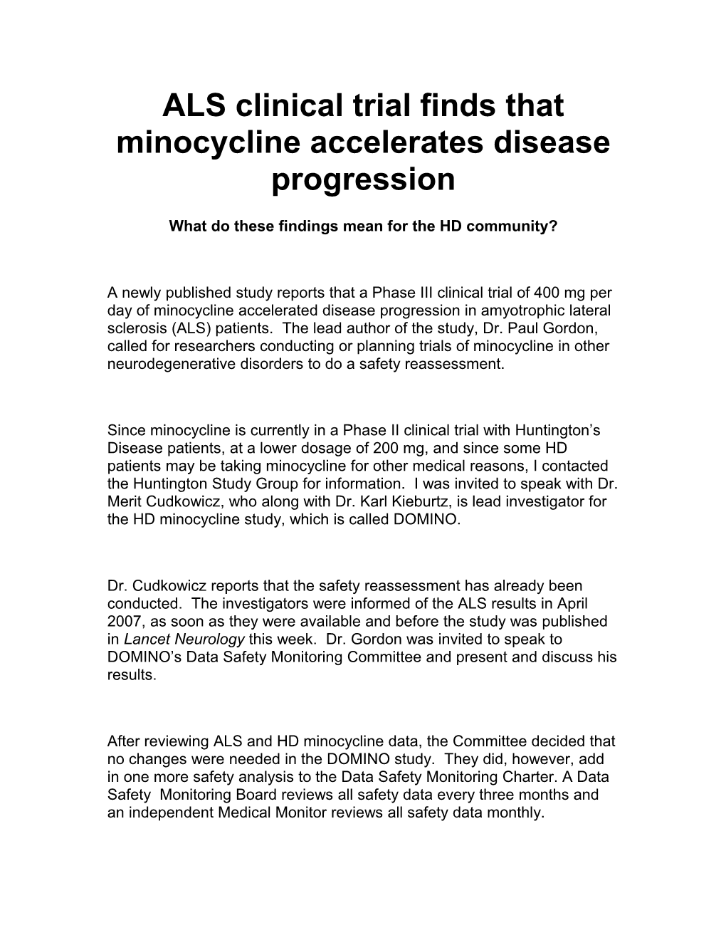 ALS Clinical Trial Finds That Minocycline Accelerates Disease Progression