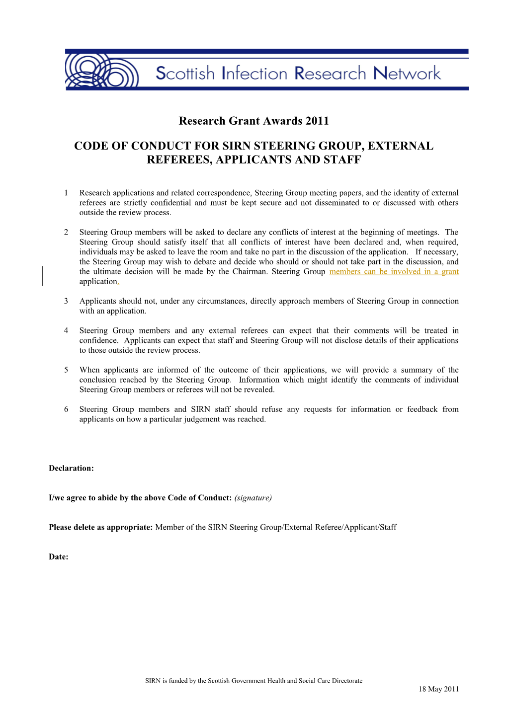Code of Conduct for Scientific Advisers, External Referees, Applicants and Staff of The