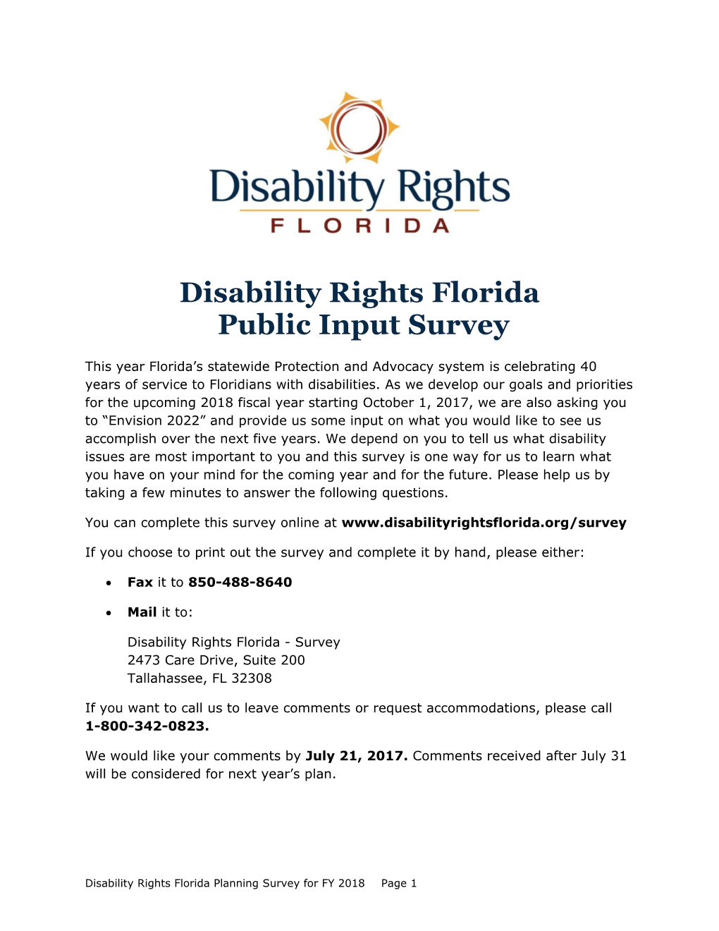 Disability Rights Florida Public Input Survey
