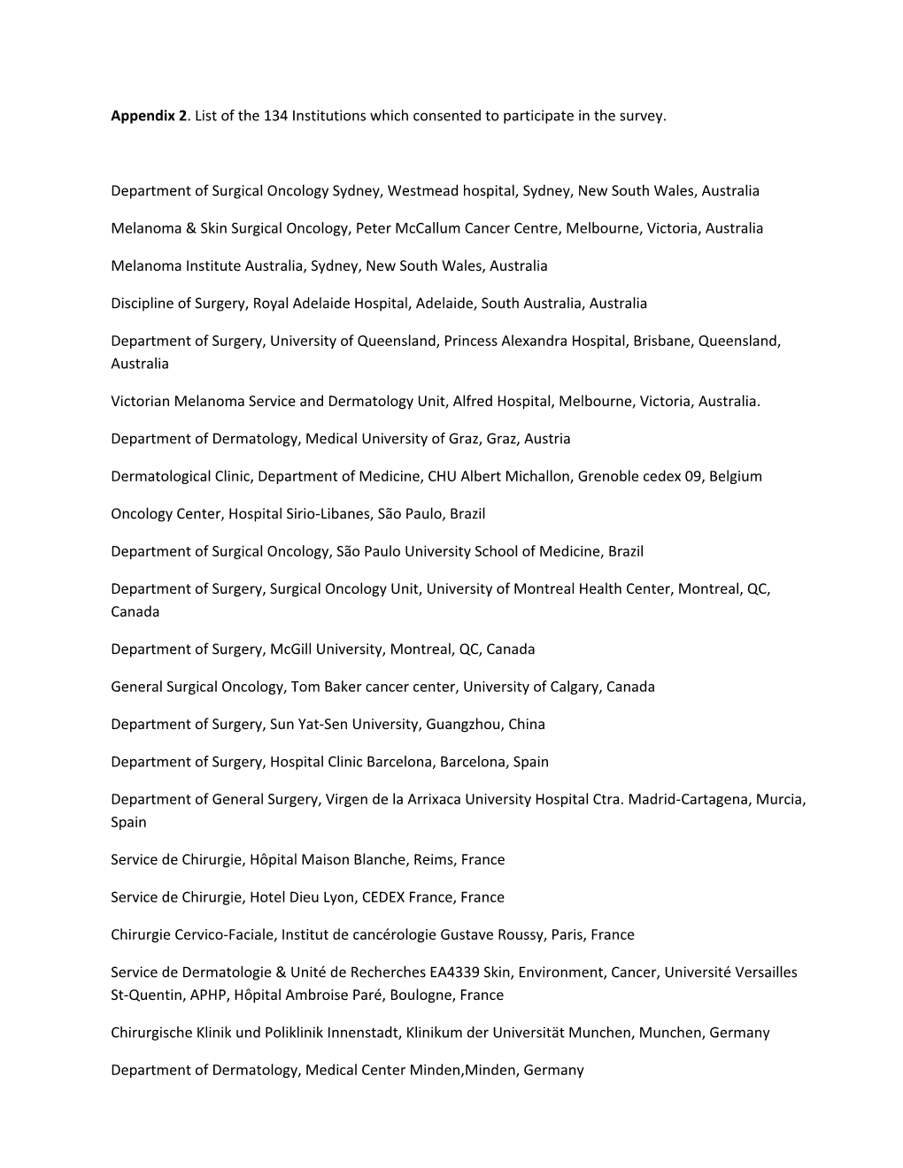 Appendix 2. List of the 134 Institutions Which Consented to Participate in the Survey