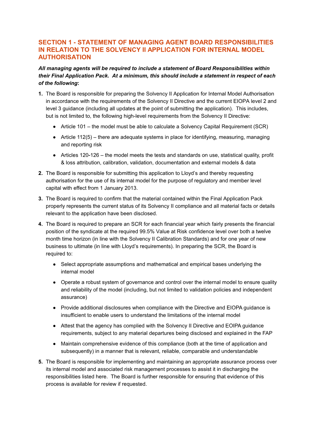 Section 1 - Statement of Managing Agent Board Responsibilities in Relation to the Solvency