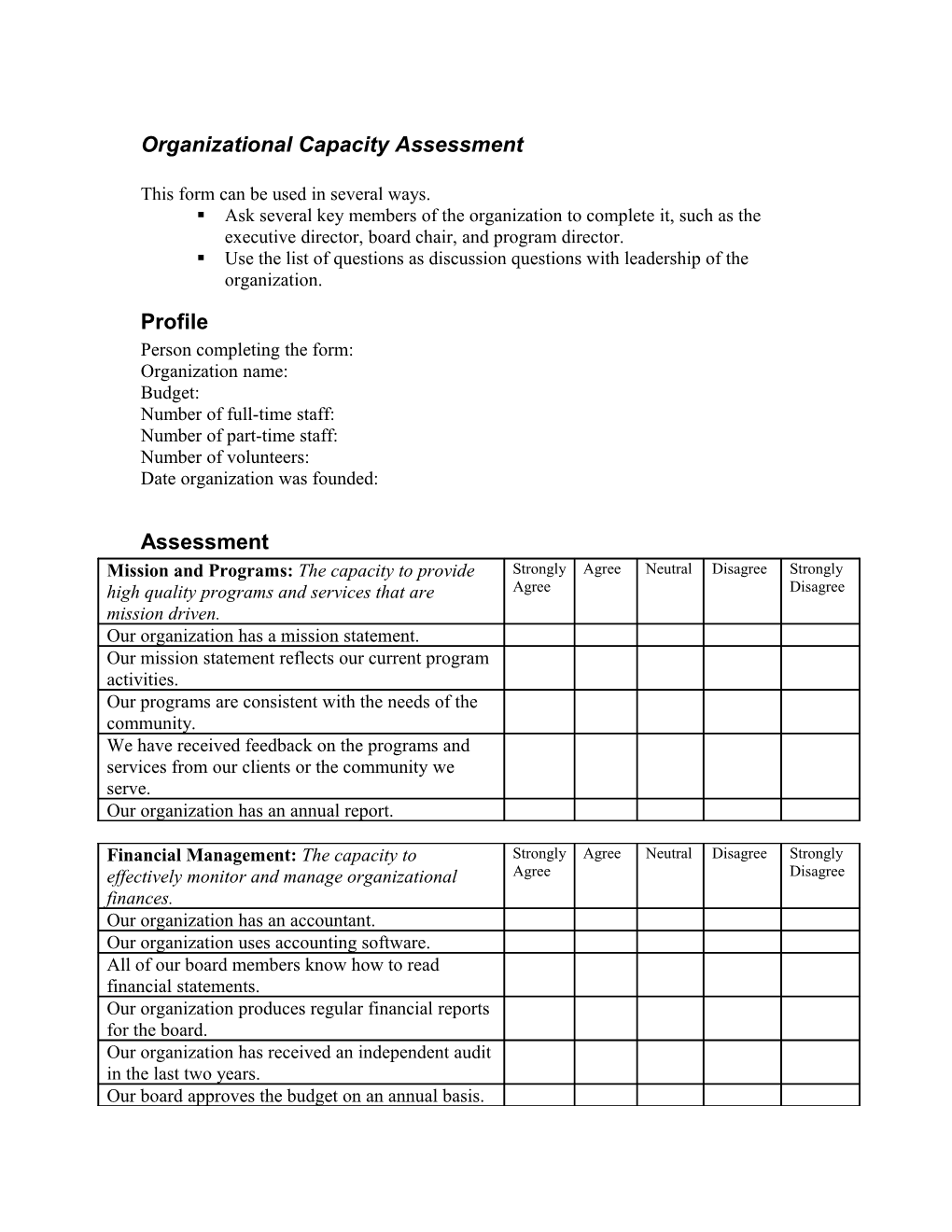 Organizational Capacity Assessment
