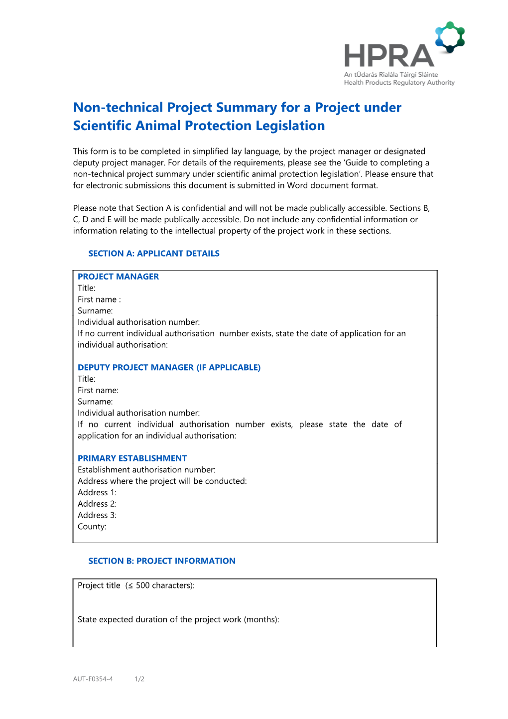 Non-Technical Project Summary for a Project Under Scientific Animal Protection Legislation