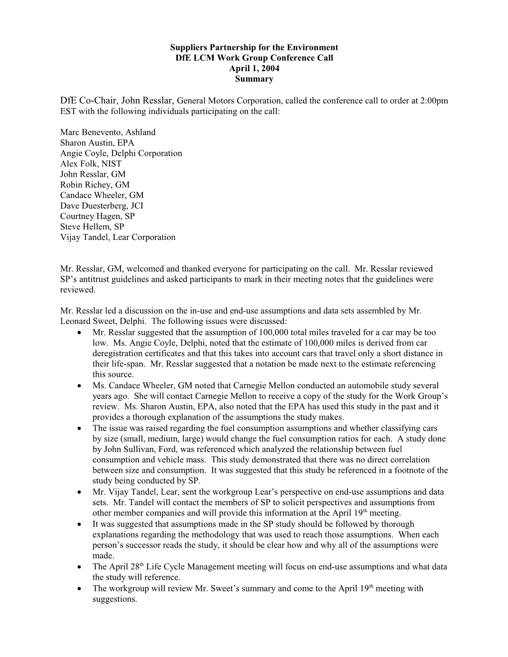 Notes from March 1, 2004 Suppliers Partnership for the Environment Dfe Workgroup Meeting