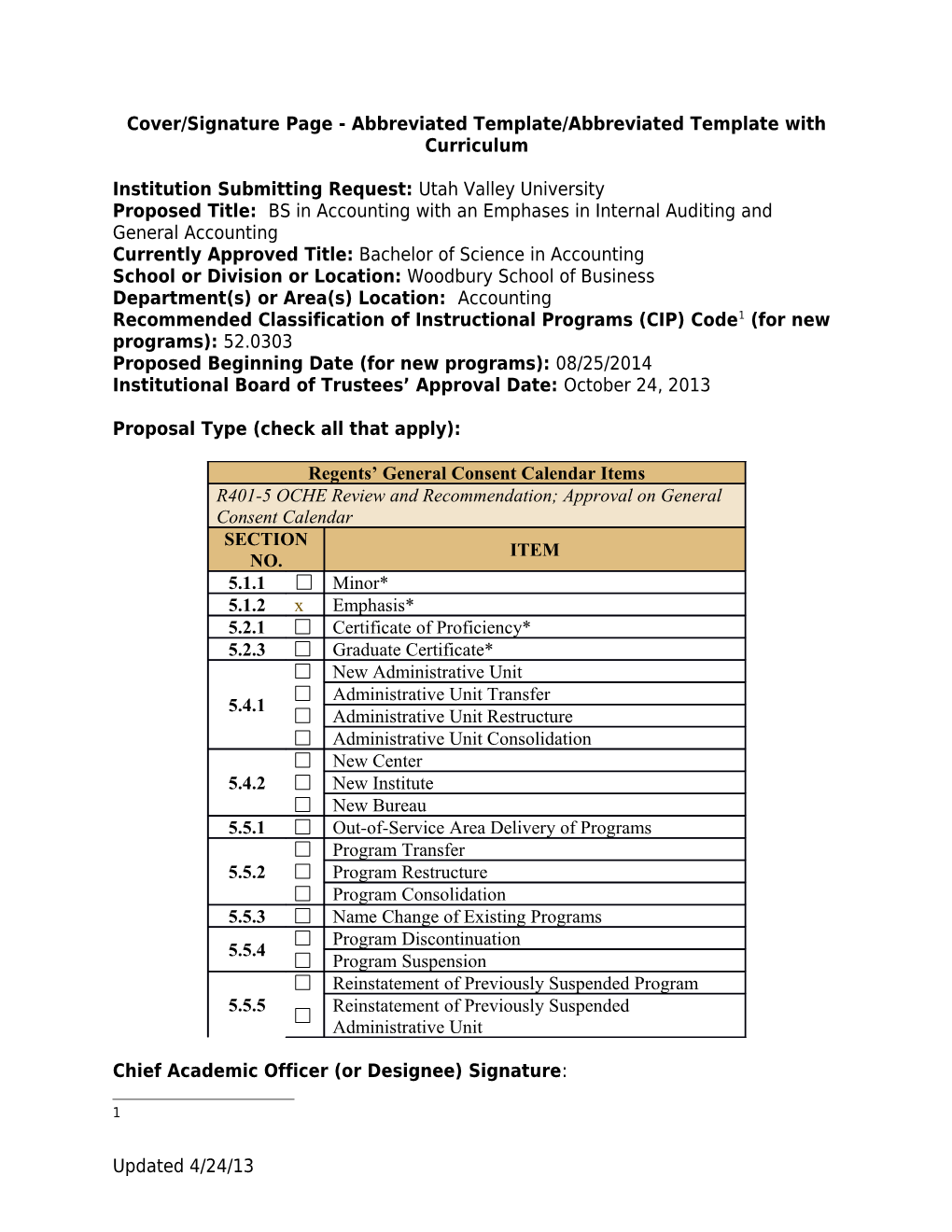 Cover/Signature Page - Abbreviated Template/Abbreviated Template with Curriculum