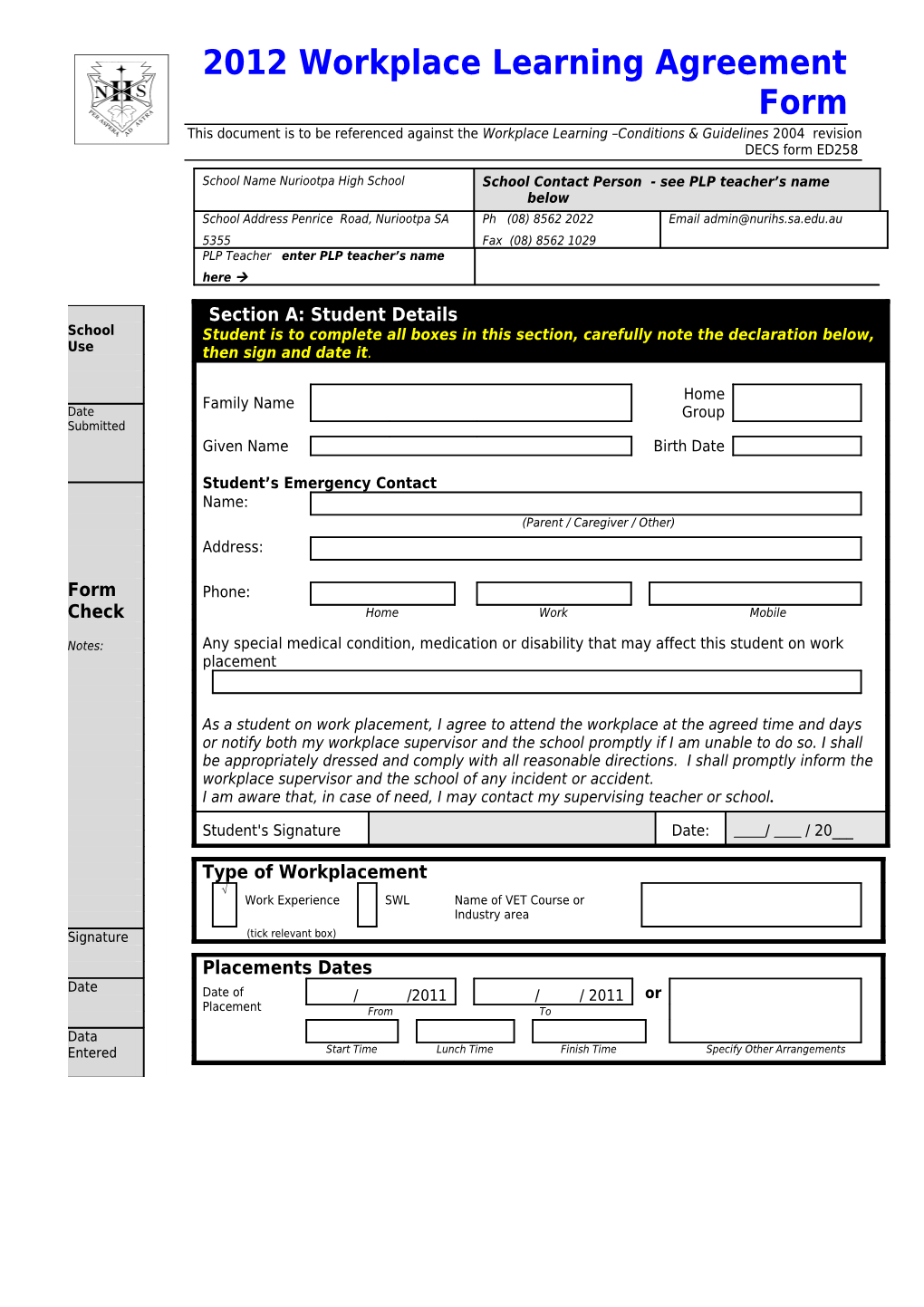 Workplace Learning Agreement Form