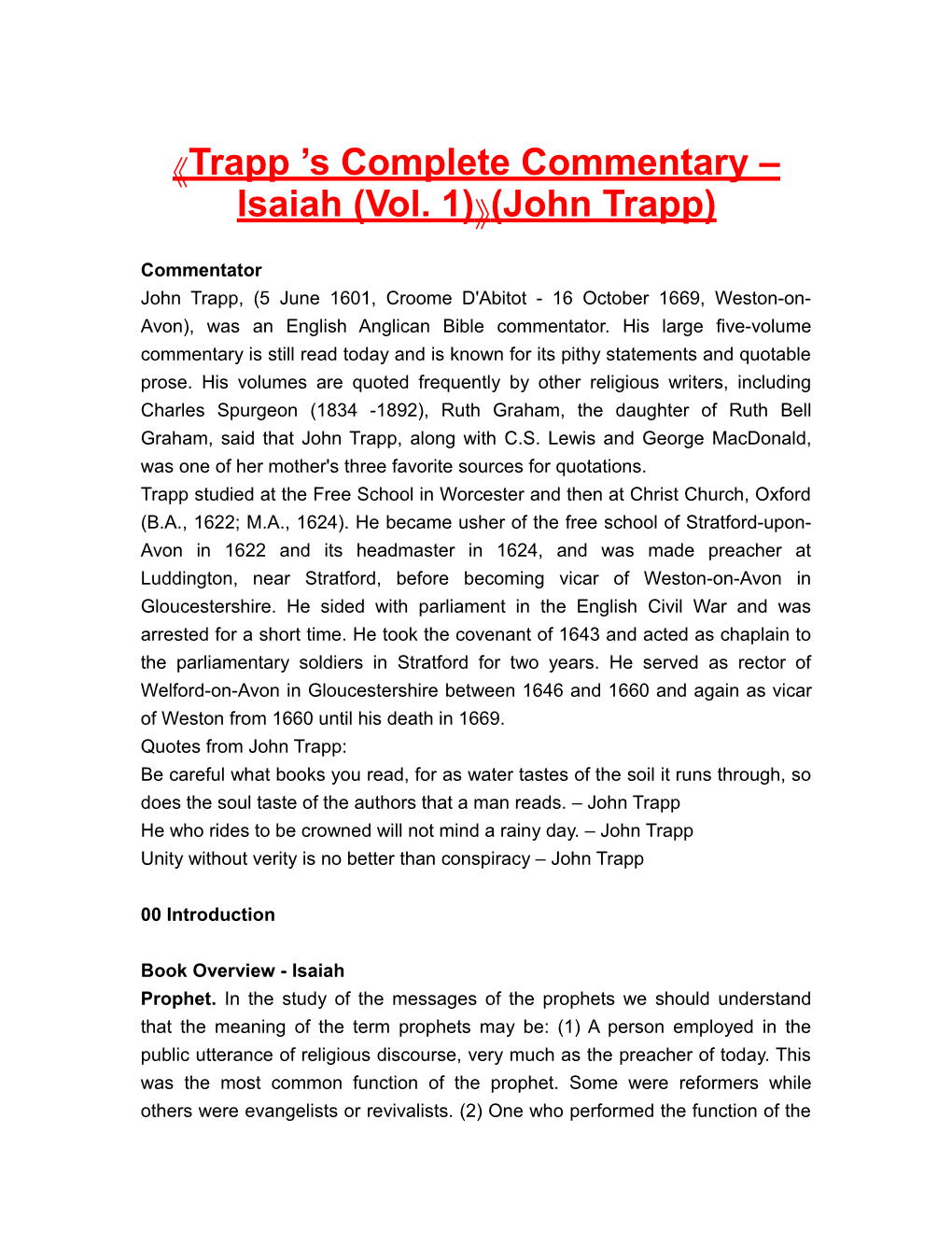 Trapp S Complete Commentary Isaiah (Vol. 1) (John Trapp)