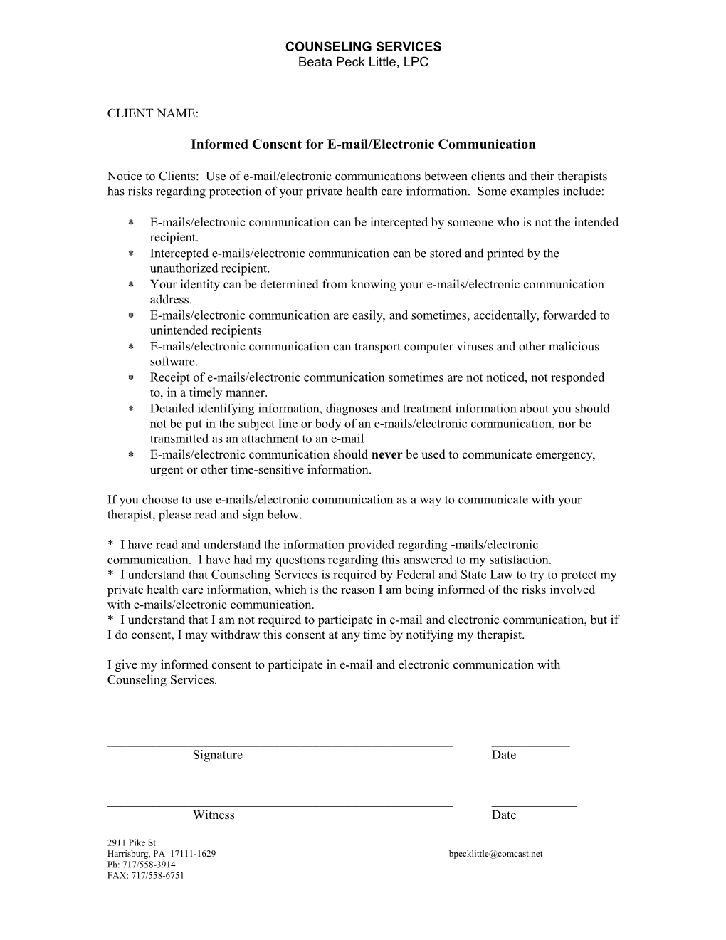 Informed Consent for E-Mail/Electronic Communication