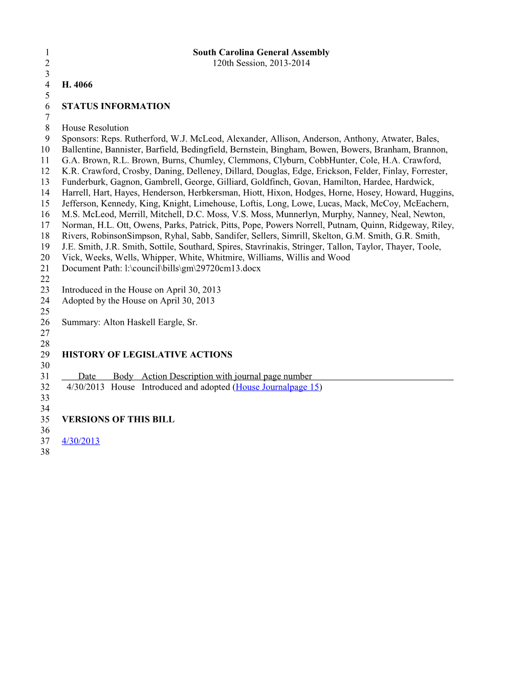 2013-2014 Bill 4066: Alton Haskell Eargle, Sr. - South Carolina Legislature Online