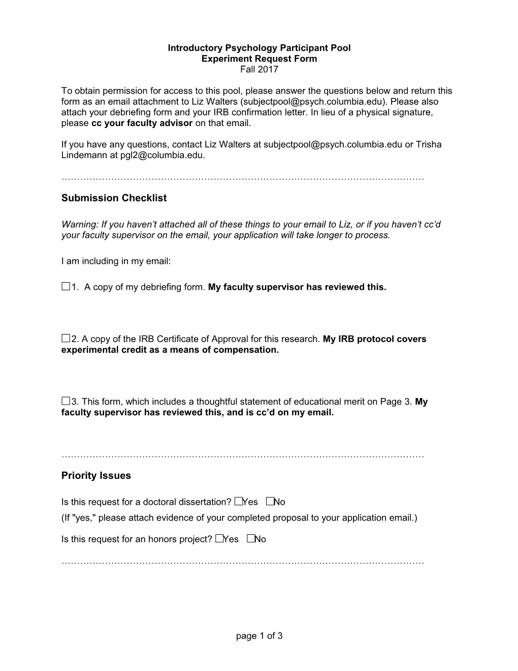 Introductory Psychology Participant Pool Experiment Request Form