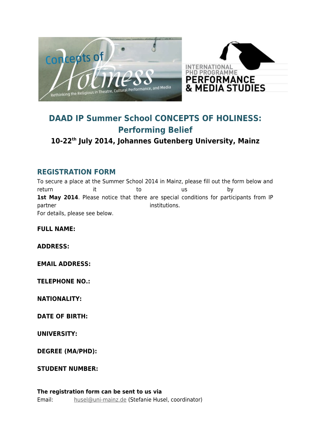 DAAD IP Summer School CONCEPTS of HOLINESS: Performing Belief