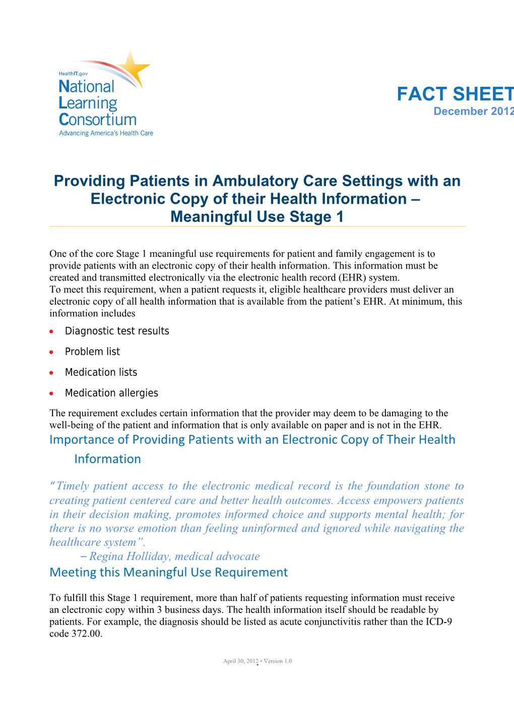 Providing Patients in Ambulatory Care Settings with an Electronic Copy of Their Health