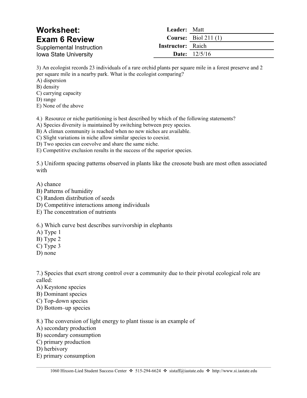 Worksheet: Exam 6 Review Supplemental Instruction Iowa State University