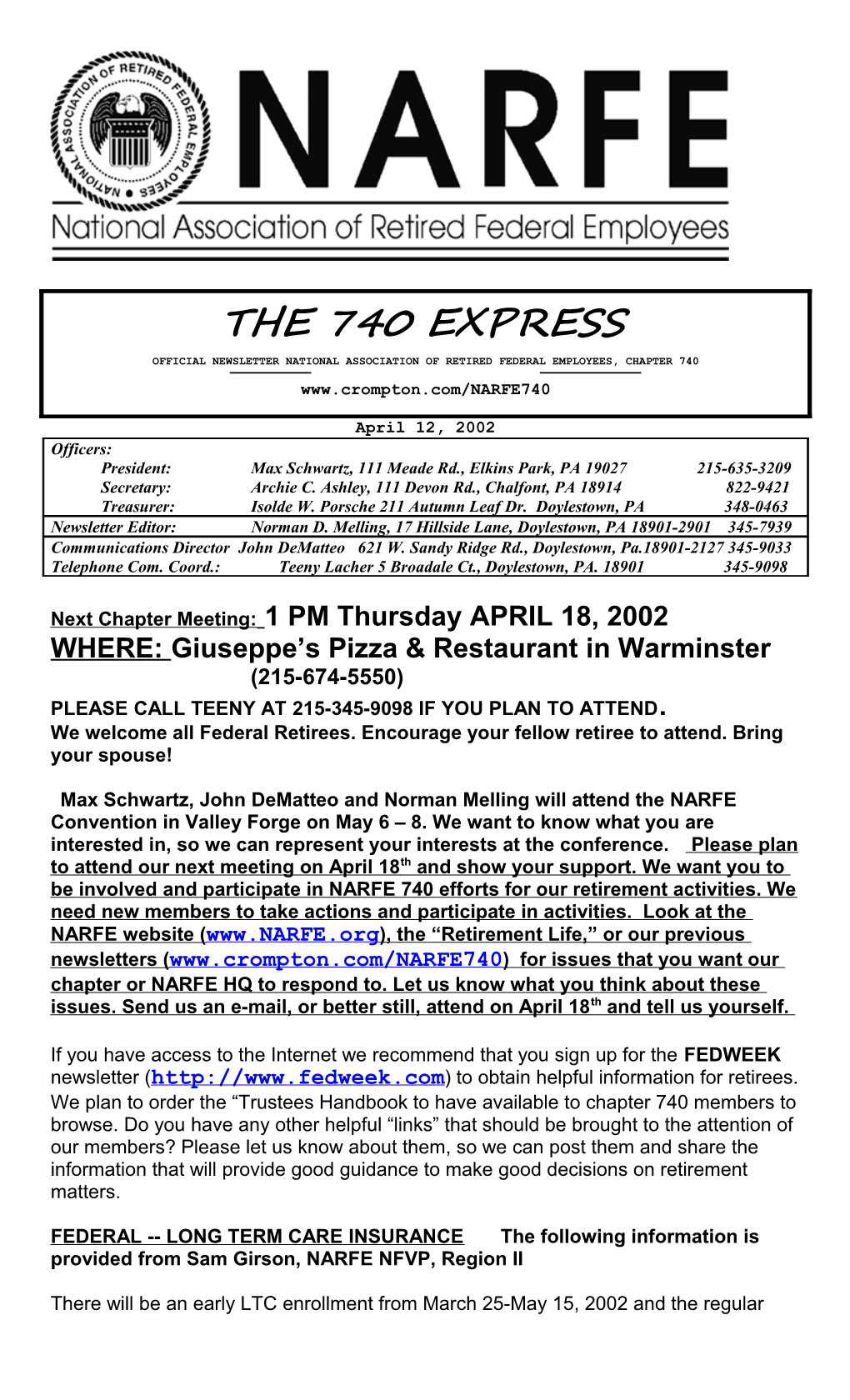Next Chapter Meeting: 1 PM Thursday APRIL 18, 2002
