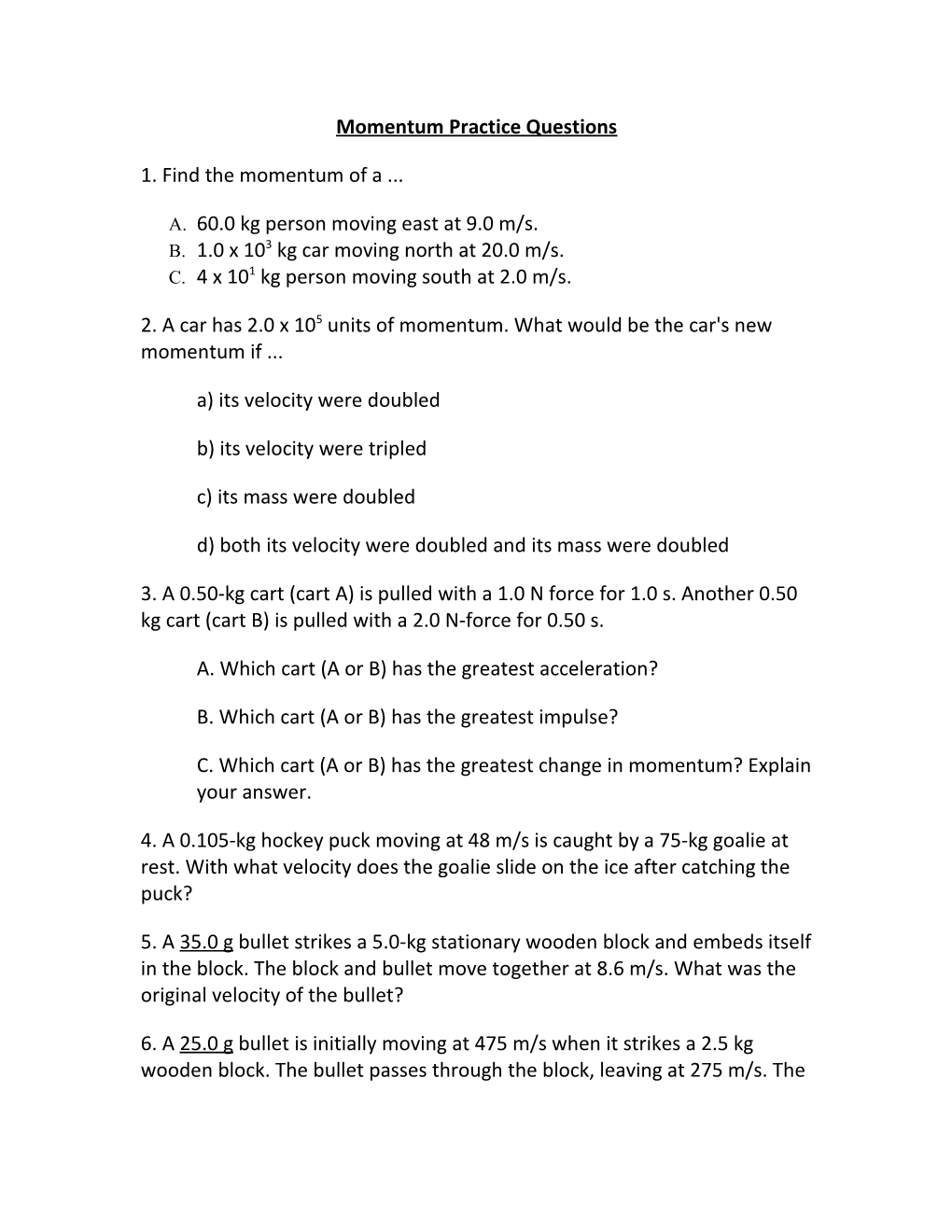 Momentum Practice Questions